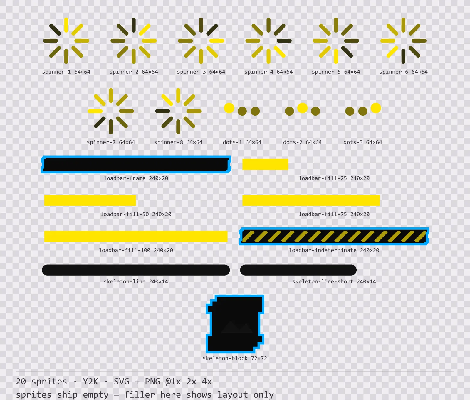 Sheet showing 20 Y2K loading and waiting indicators from the Bitrush family, arranged on a transparency checkerboard with their pixel sizes printed underneath