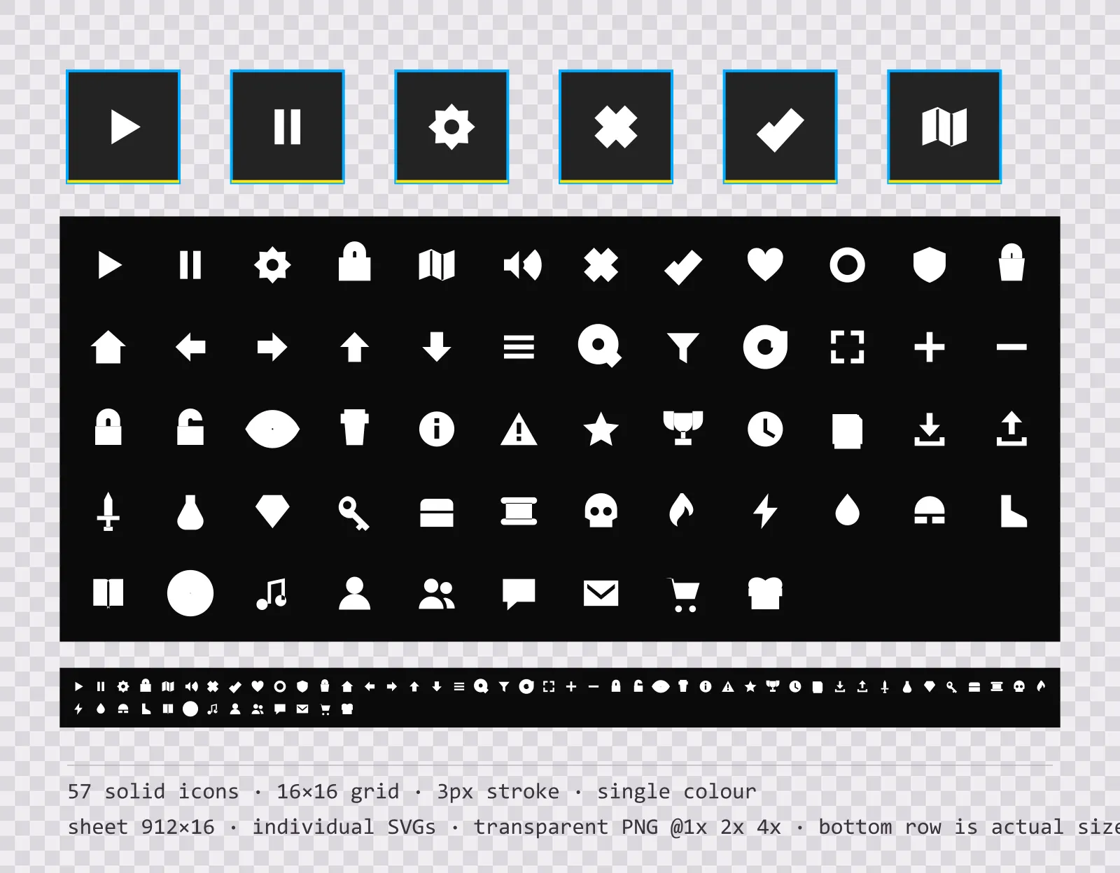 57 solid game menu icons on Y2K poster tiles, shown large, laid out on a sheet grid, and again at actual 16 pixel size