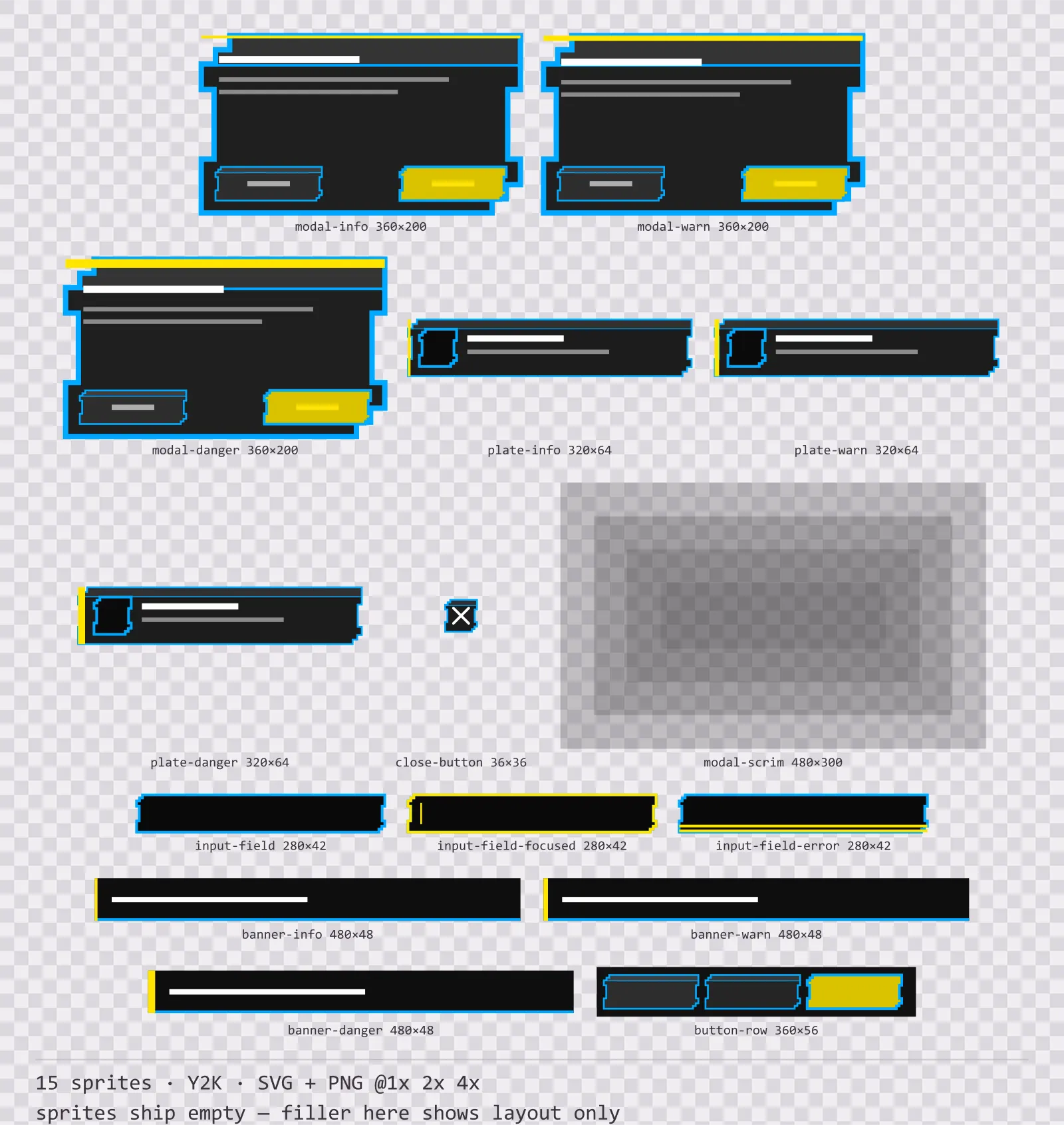 Sheet showing 15 Y2K modal dialogs and system notices from the Bitrush family, arranged on a transparency checkerboard with their pixel sizes printed underneath
