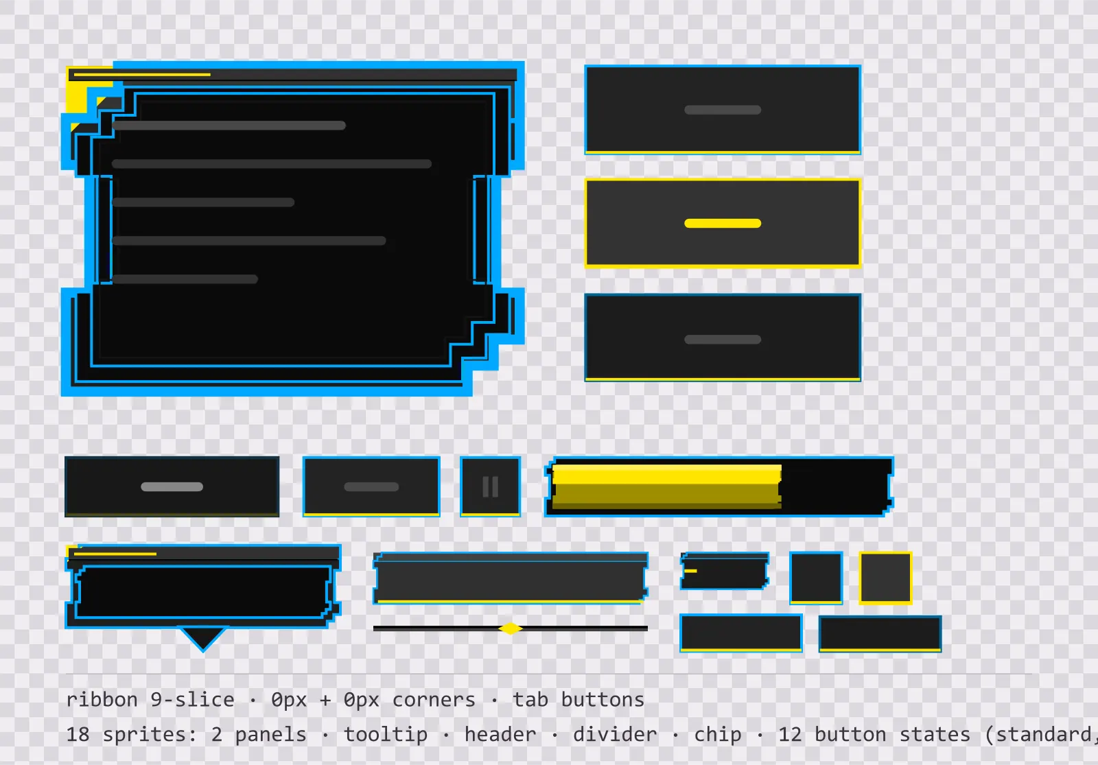 Y2K poster game menu panel with a signal yellow title strip and a recessed list area, next to a column showing the same tab button in default, outlined hover and pushed-in pressed states