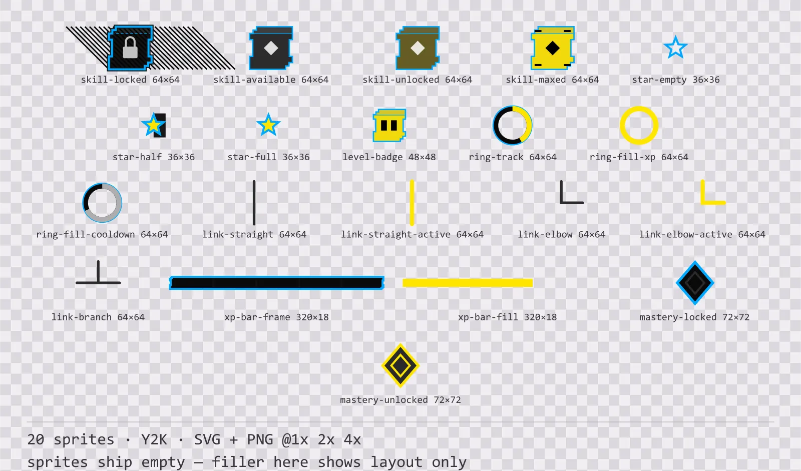 Sheet showing 20 Y2K progression and reward components from the Bitrush family, arranged on a transparency checkerboard with their pixel sizes printed underneath