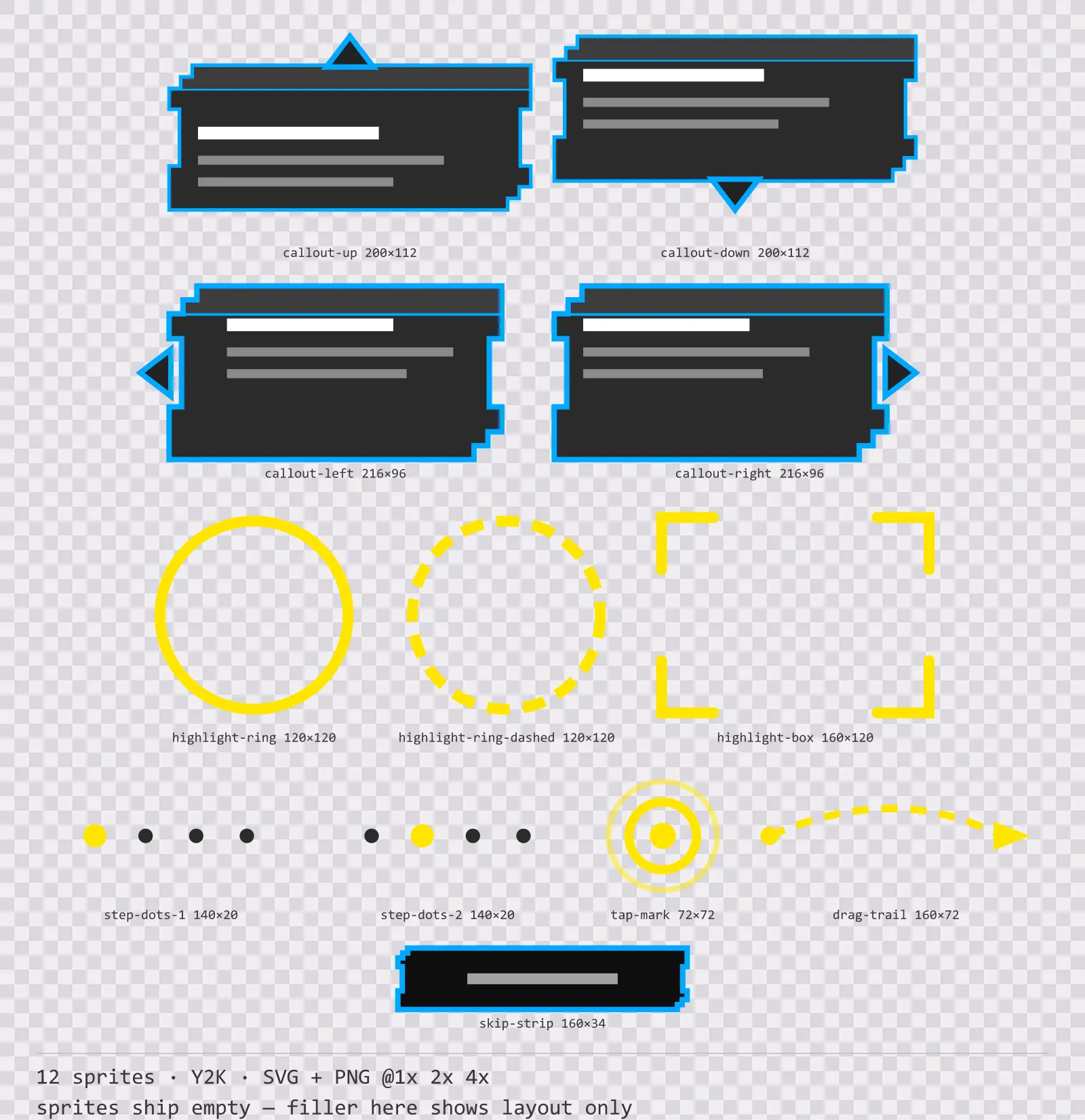 Sheet showing 12 Y2K tutorial and onboarding markers from the Bitrush family, arranged on a transparency checkerboard with their pixel sizes printed underneath