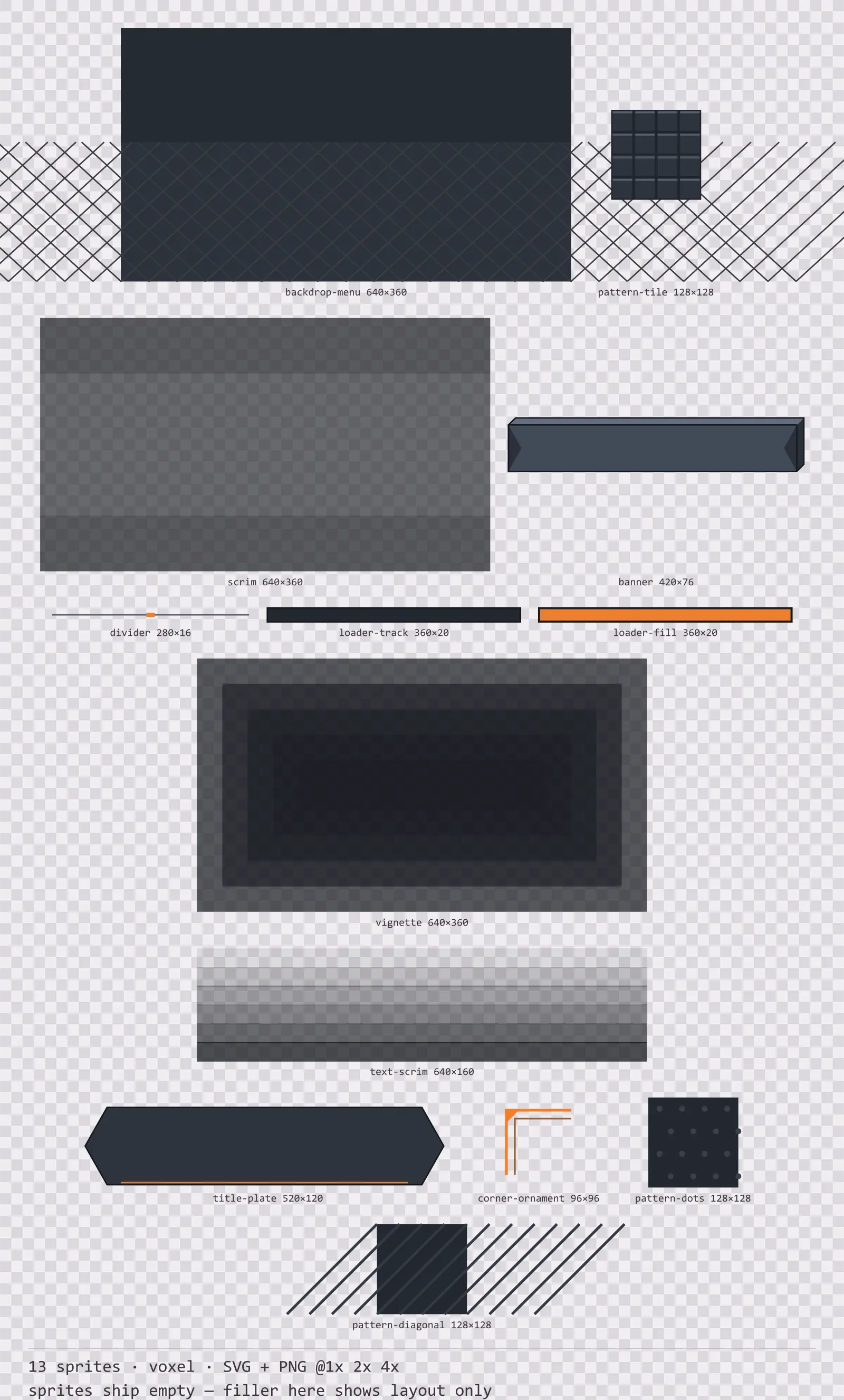 Sheet showing 13 voxel background and overlay pieces from the Blocks family, arranged on a transparency checkerboard with their pixel sizes printed underneath
