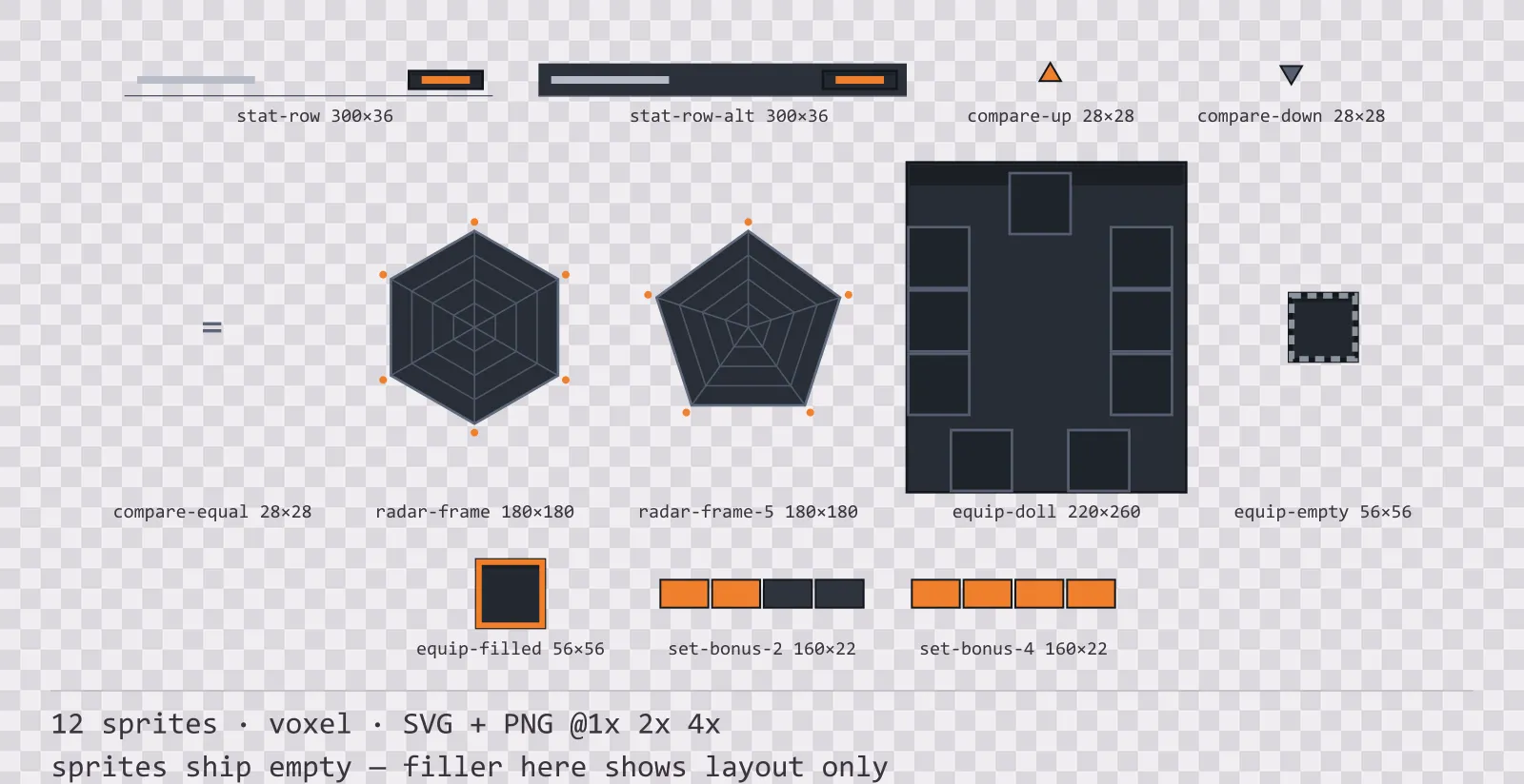 Sheet showing 12 voxel character sheet and stat widgets from the Blocks family, arranged on a transparency checkerboard with their pixel sizes printed underneath