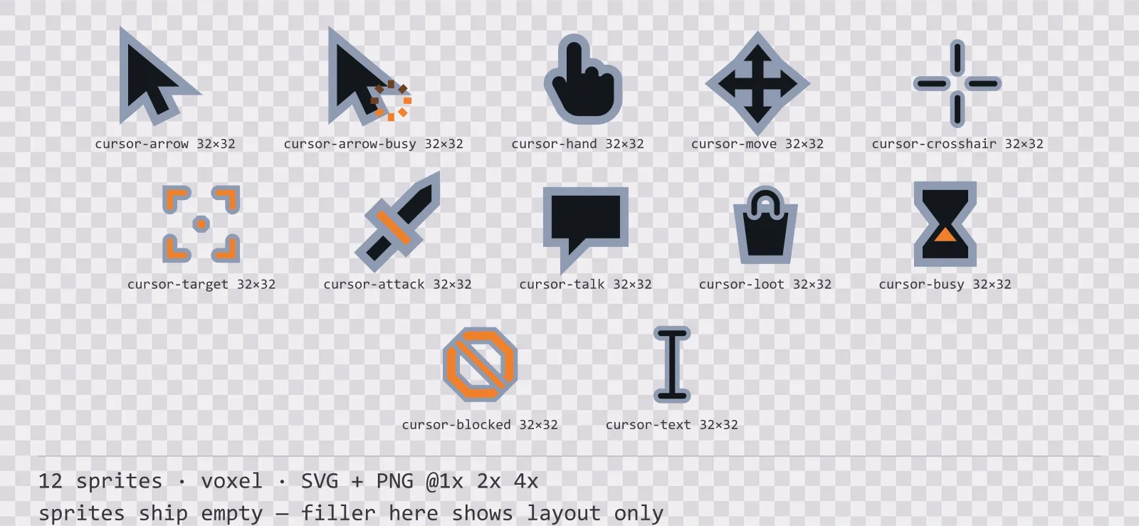 Sheet showing 12 voxel mouse cursors from the Blocks family, arranged on a transparency checkerboard with their pixel sizes printed underneath