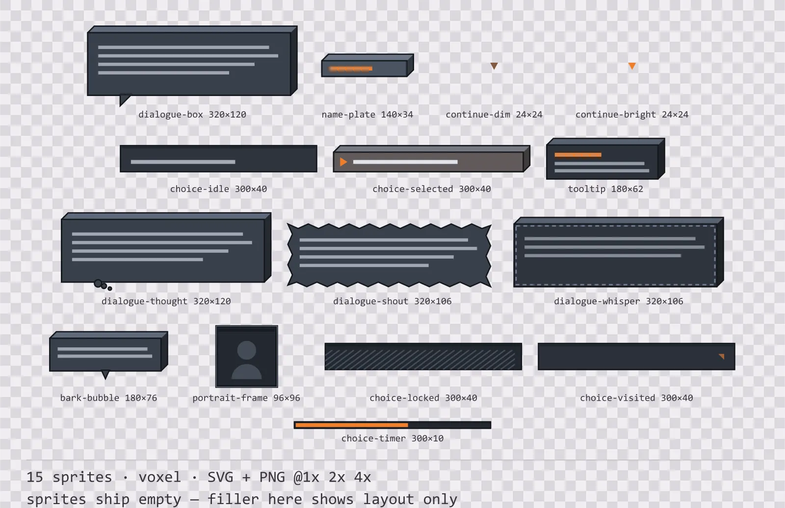 Sheet showing 15 voxel dialogue components from the Blocks family, arranged on a transparency checkerboard with their pixel sizes printed underneath