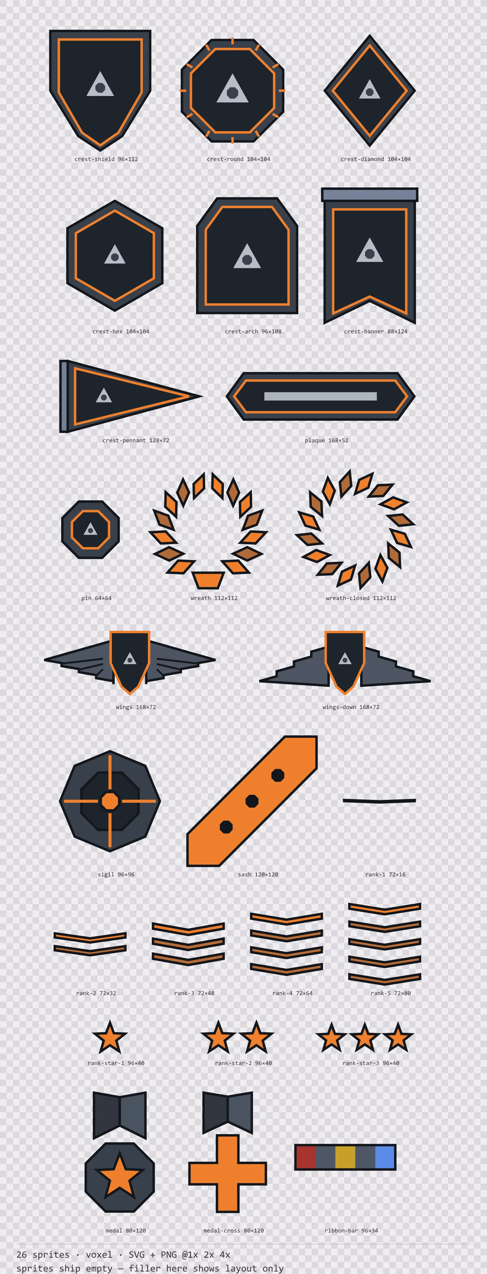 Sheet showing 26 voxel crests, insignia and rank marks from the Blocks family, arranged on a transparency checkerboard with their pixel sizes printed underneath
