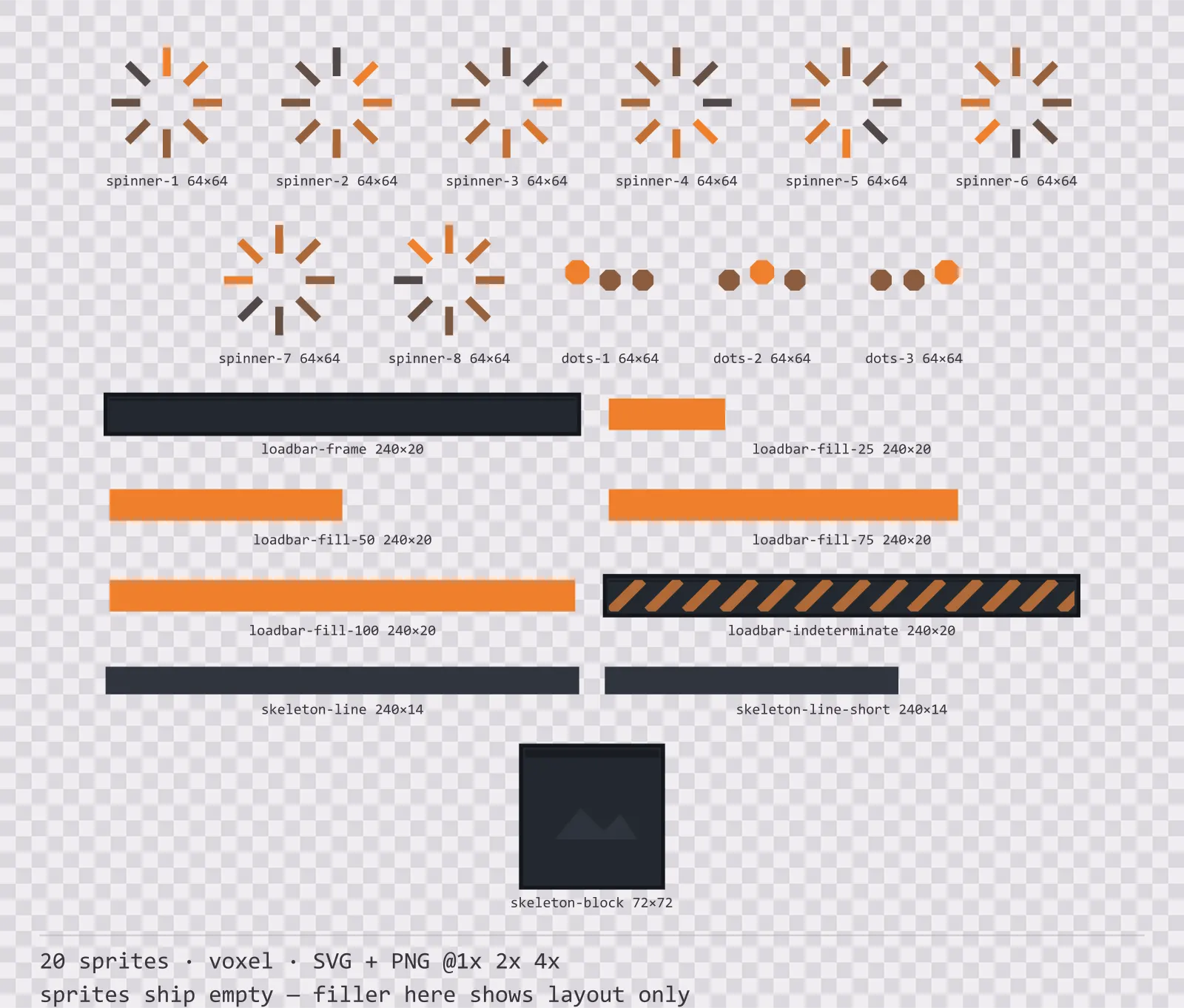Sheet showing 20 voxel loading and waiting indicators from the Blocks family, arranged on a transparency checkerboard with their pixel sizes printed underneath