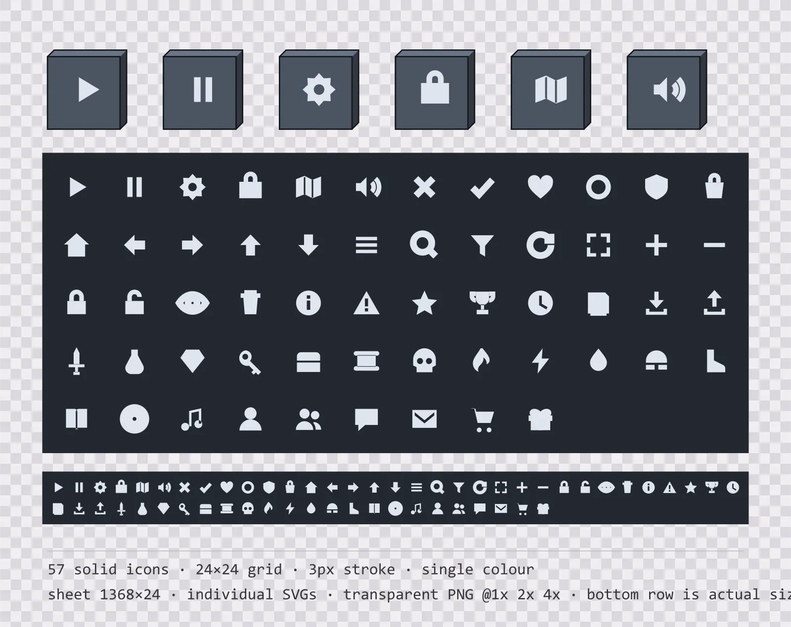 57 solid game menu icons on chunky voxel tiles, shown large, laid out on a sheet grid, and again at actual 24 pixel size