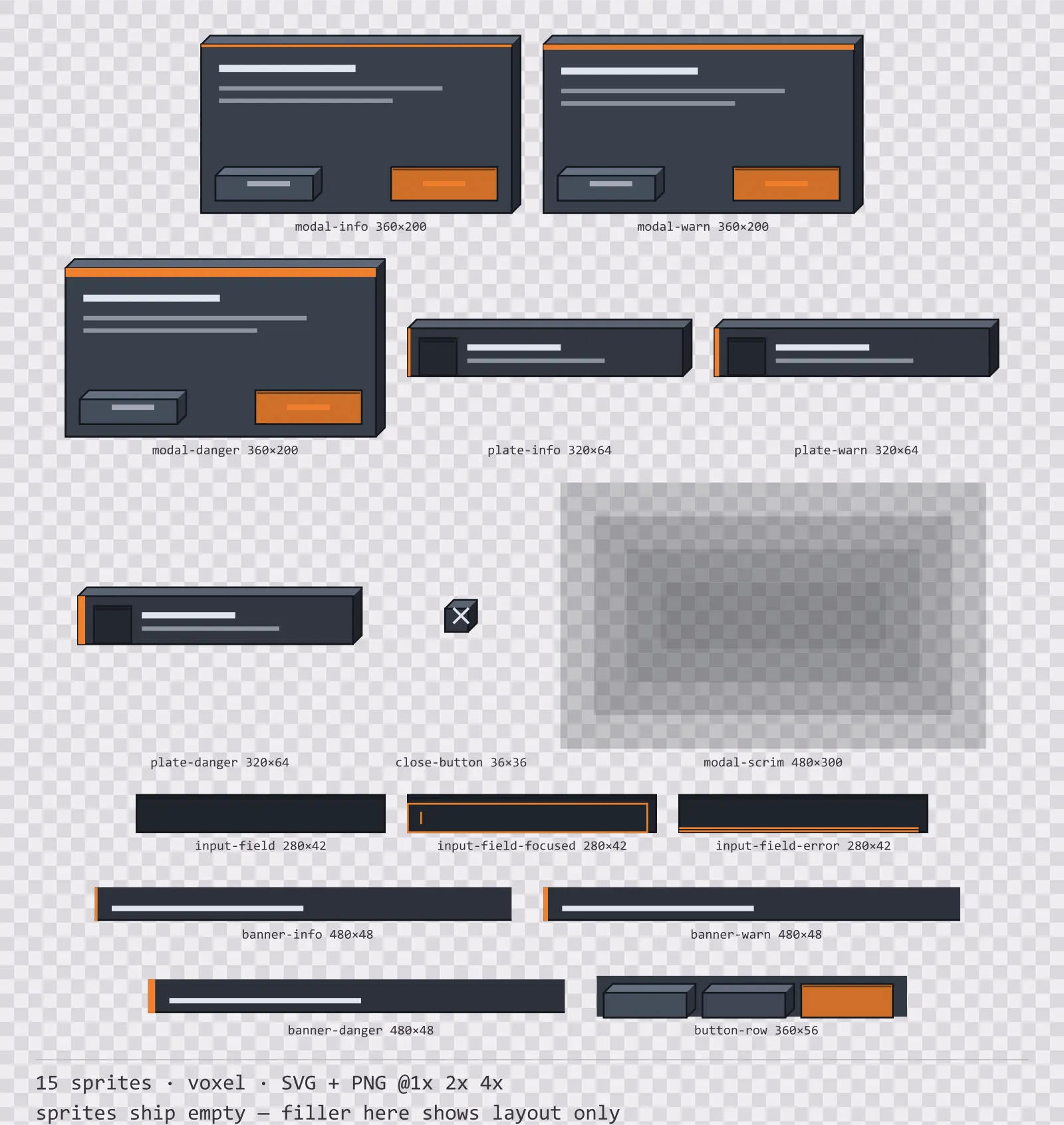 Sheet showing 15 voxel modal dialogs and system notices from the Blocks family, arranged on a transparency checkerboard with their pixel sizes printed underneath