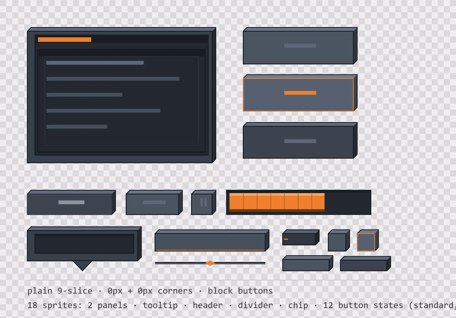 chunky voxel game menu panel with a signal orange title strip and a recessed list area, next to a column showing the same square button in default, outlined hover and pushed-in pressed states