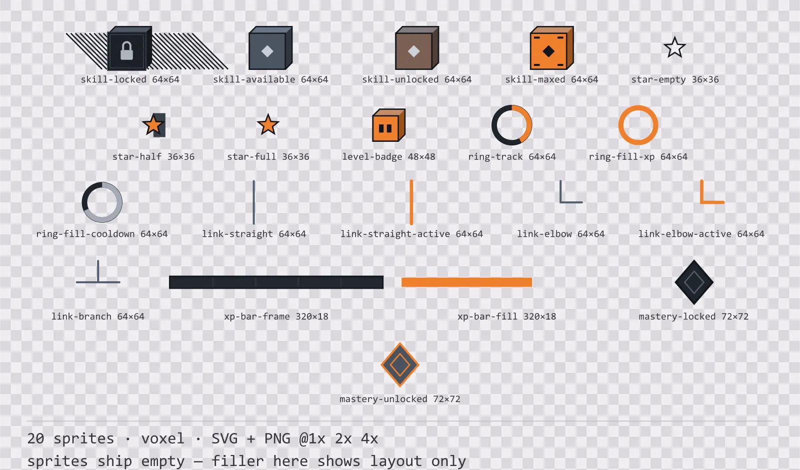 Sheet showing 20 voxel progression and reward components from the Blocks family, arranged on a transparency checkerboard with their pixel sizes printed underneath