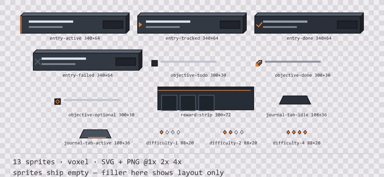 Sheet showing 13 voxel quest log and objective widgets from the Blocks family, arranged on a transparency checkerboard with their pixel sizes printed underneath