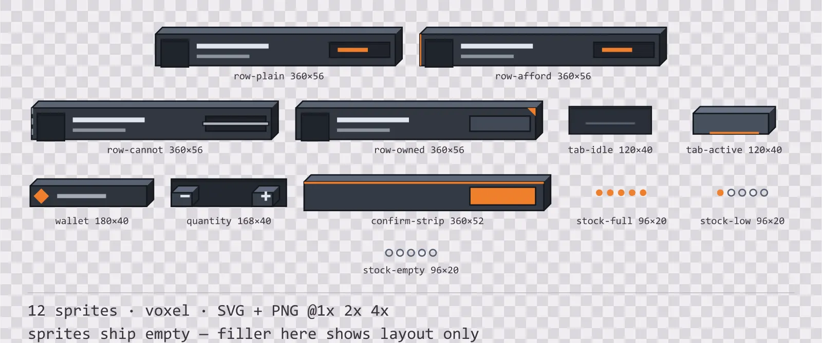 Sheet showing 12 voxel shop and economy widgets from the Blocks family, arranged on a transparency checkerboard with their pixel sizes printed underneath