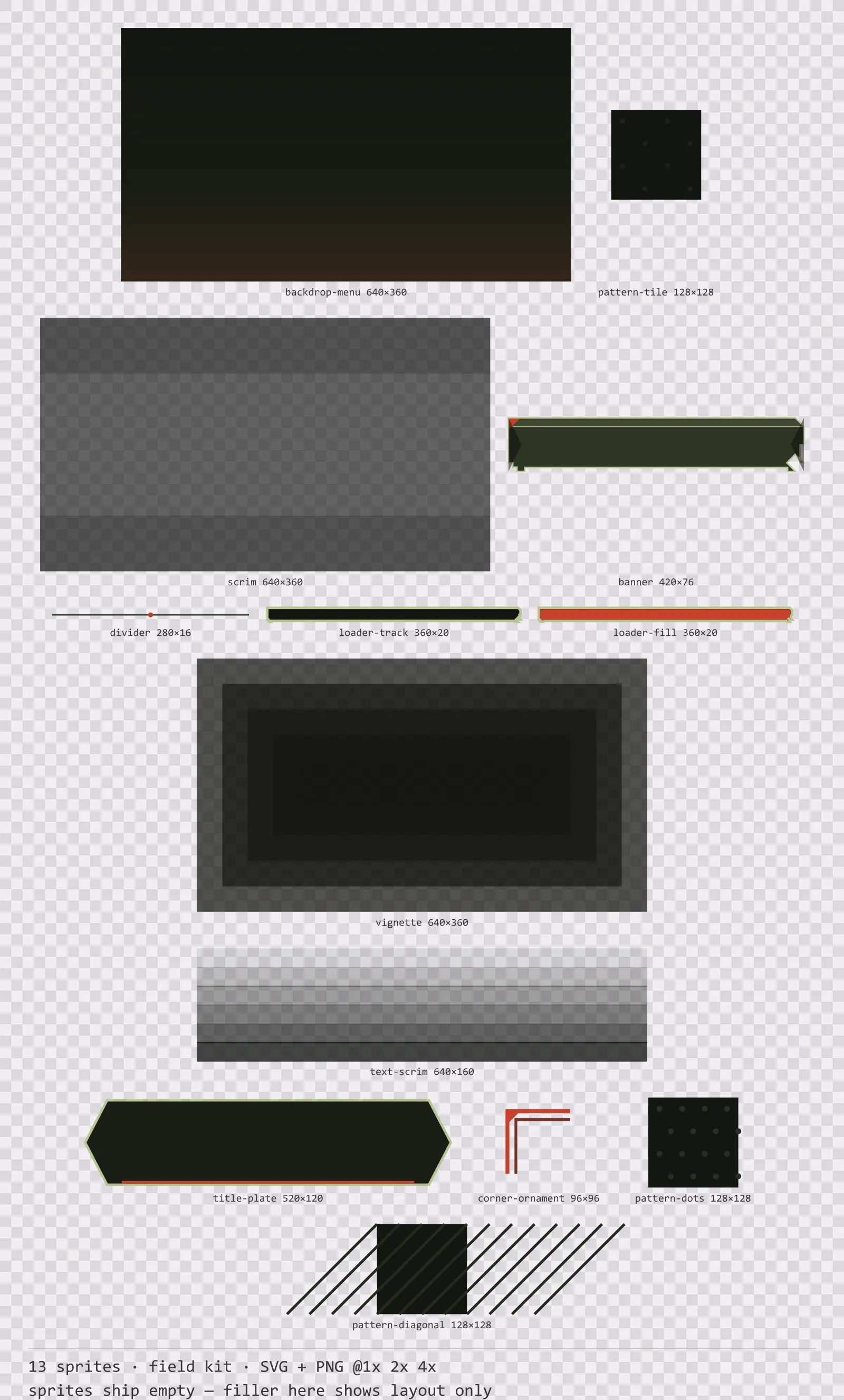 Sheet showing 13 field kit background and overlay pieces from the Bunker family, arranged on a transparency checkerboard with their pixel sizes printed underneath