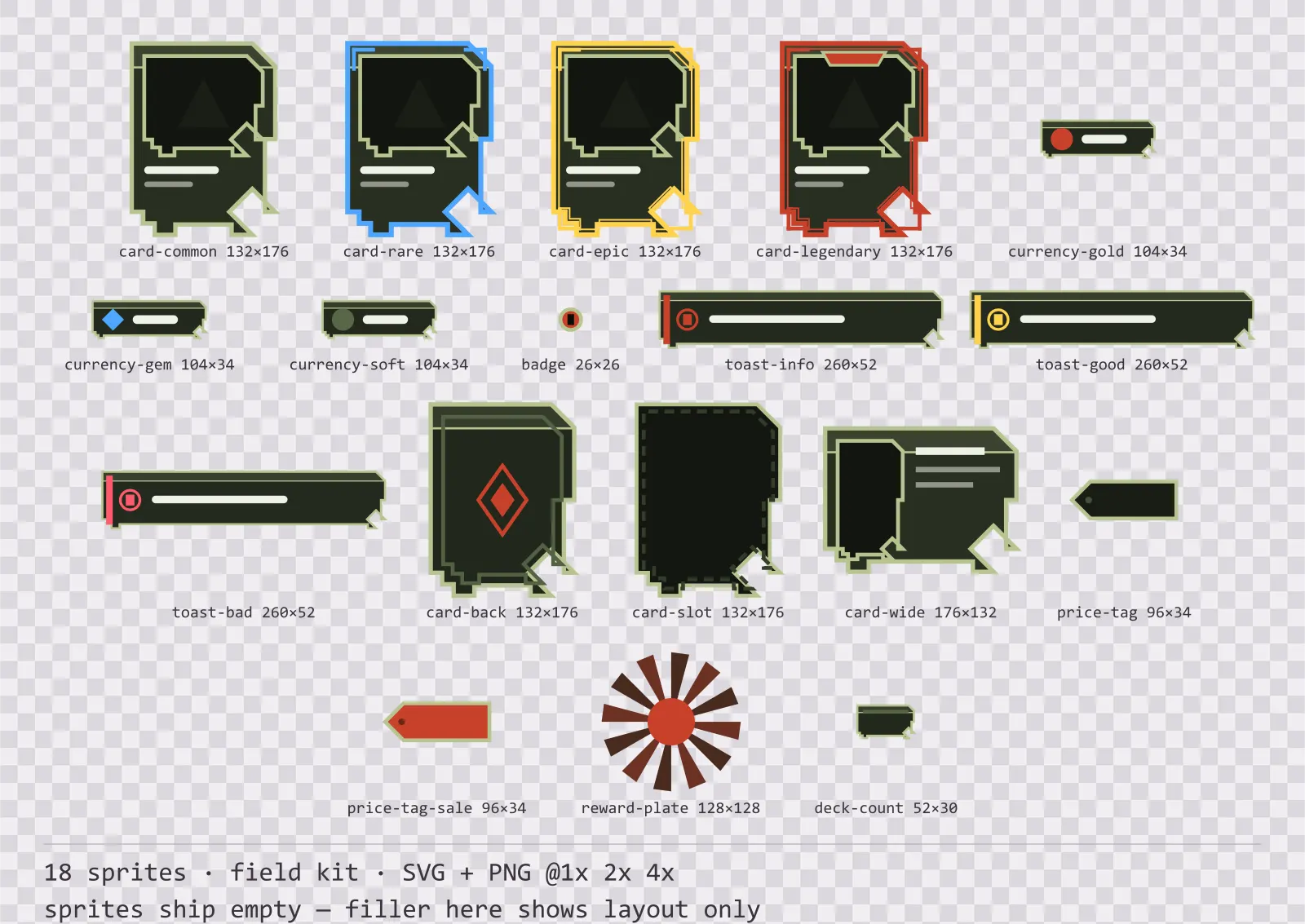Sheet showing 18 field kit card, currency and notification components from the Bunker family, arranged on a transparency checkerboard with their pixel sizes printed underneath