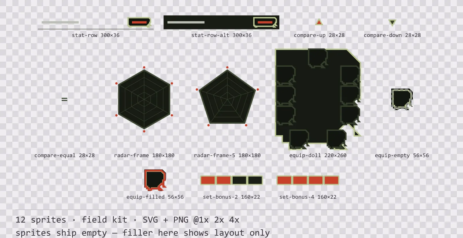 Sheet showing 12 field kit character sheet and stat widgets from the Bunker family, arranged on a transparency checkerboard with their pixel sizes printed underneath