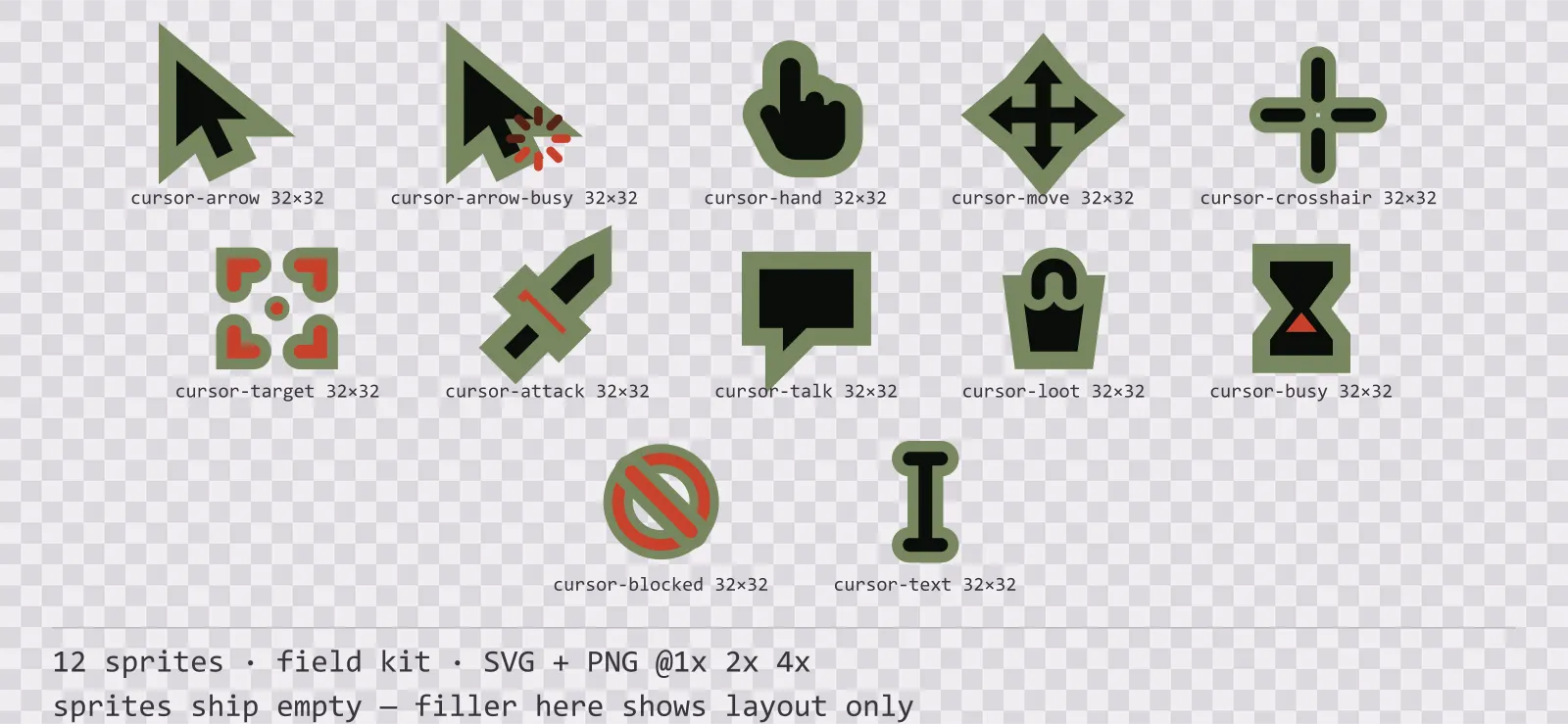 Sheet showing 12 field kit mouse cursors from the Bunker family, arranged on a transparency checkerboard with their pixel sizes printed underneath
