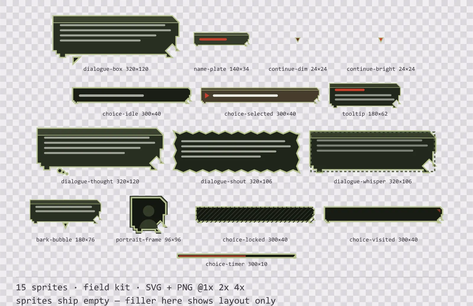 Sheet showing 15 field kit dialogue components from the Bunker family, arranged on a transparency checkerboard with their pixel sizes printed underneath