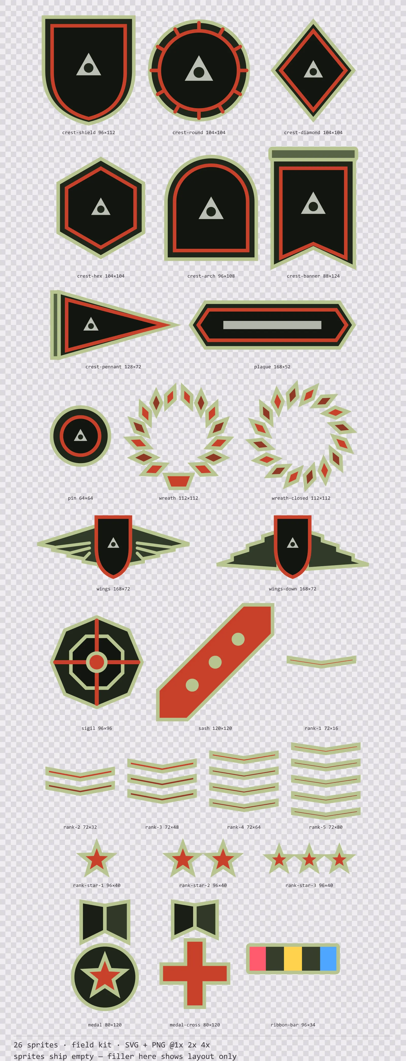 Sheet showing 26 field kit crests, insignia and rank marks from the Bunker family, arranged on a transparency checkerboard with their pixel sizes printed underneath