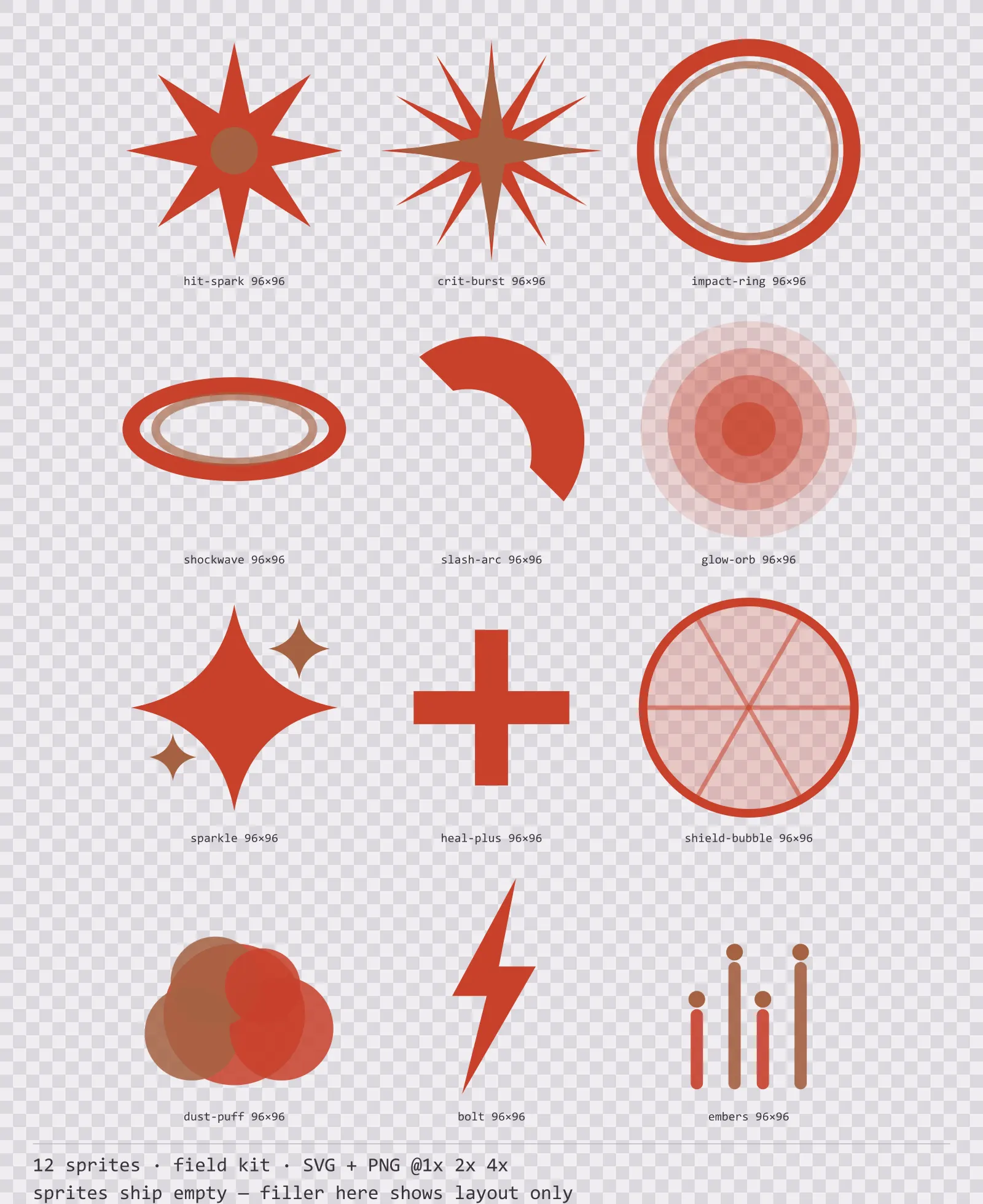 Sheet showing 12 field kit impact and effect sprites from the Bunker family, arranged on a transparency checkerboard with their pixel sizes printed underneath