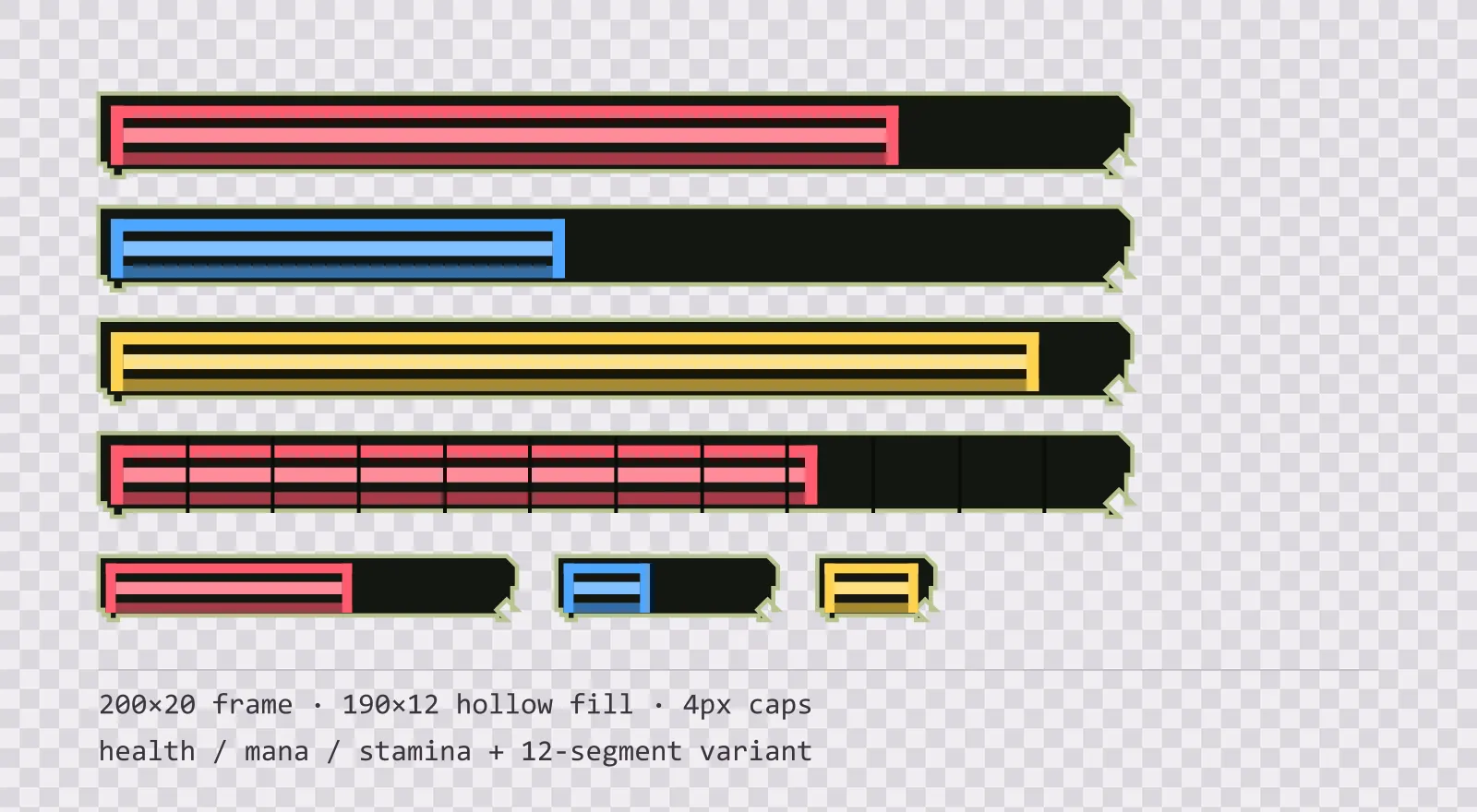 Three horizontal game status bars stacked on a checkerboard background, filled to different levels for health, mana and stamina, with a segmented 12-notch bar and three smaller bars beneath them