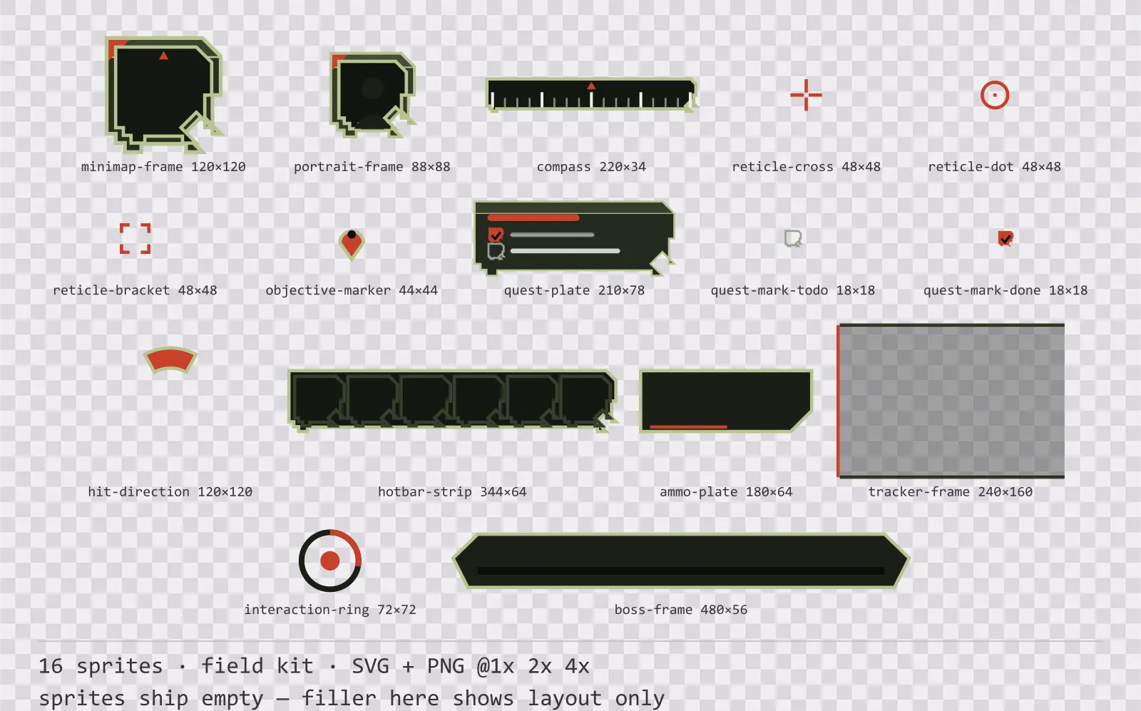 Sheet showing 16 field kit heads-up display frames from the Bunker family, arranged on a transparency checkerboard with their pixel sizes printed underneath