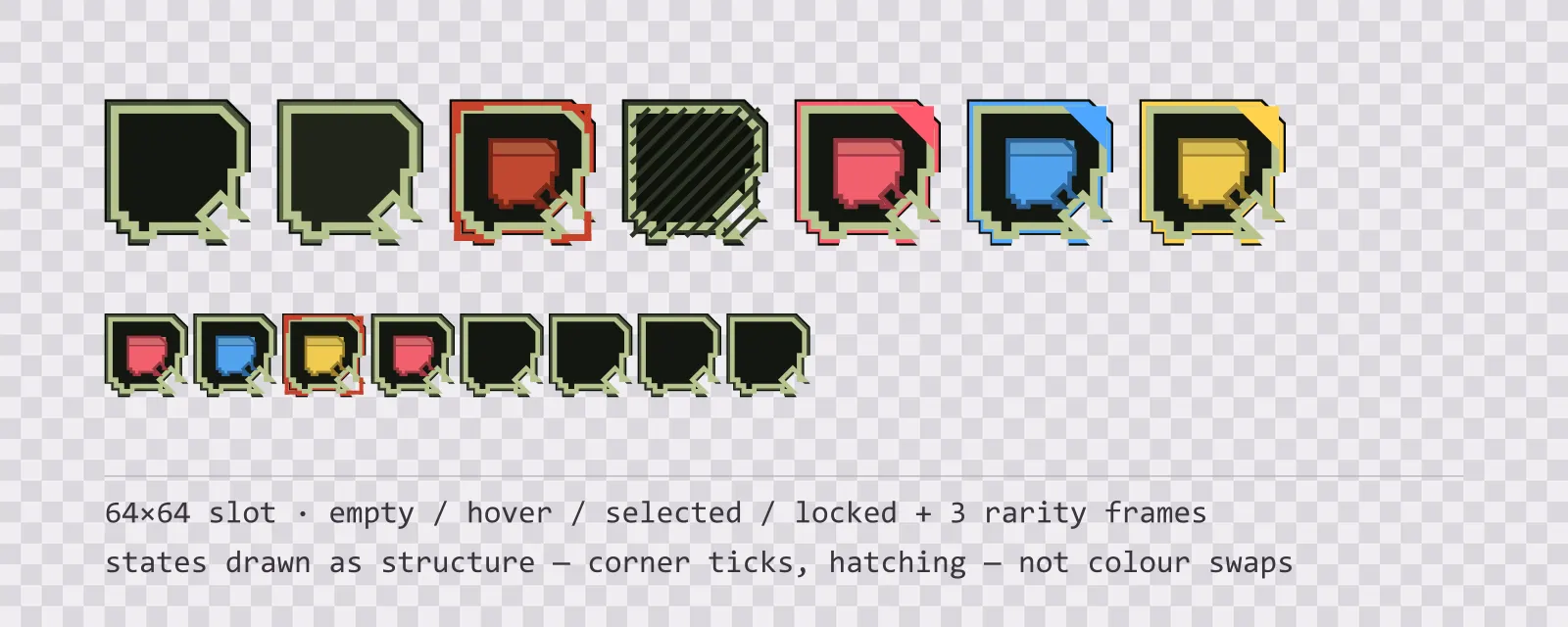 A row of square game inventory slots on a checkerboard background showing empty, hover, selected with corner ticks, and diagonally hatched locked states, followed by coloured rarity frames and a tiled eight-slot grid