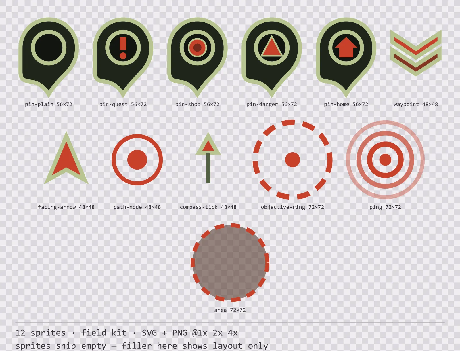Sheet showing 12 field kit map markers and world indicators from the Bunker family, arranged on a transparency checkerboard with their pixel sizes printed underneath