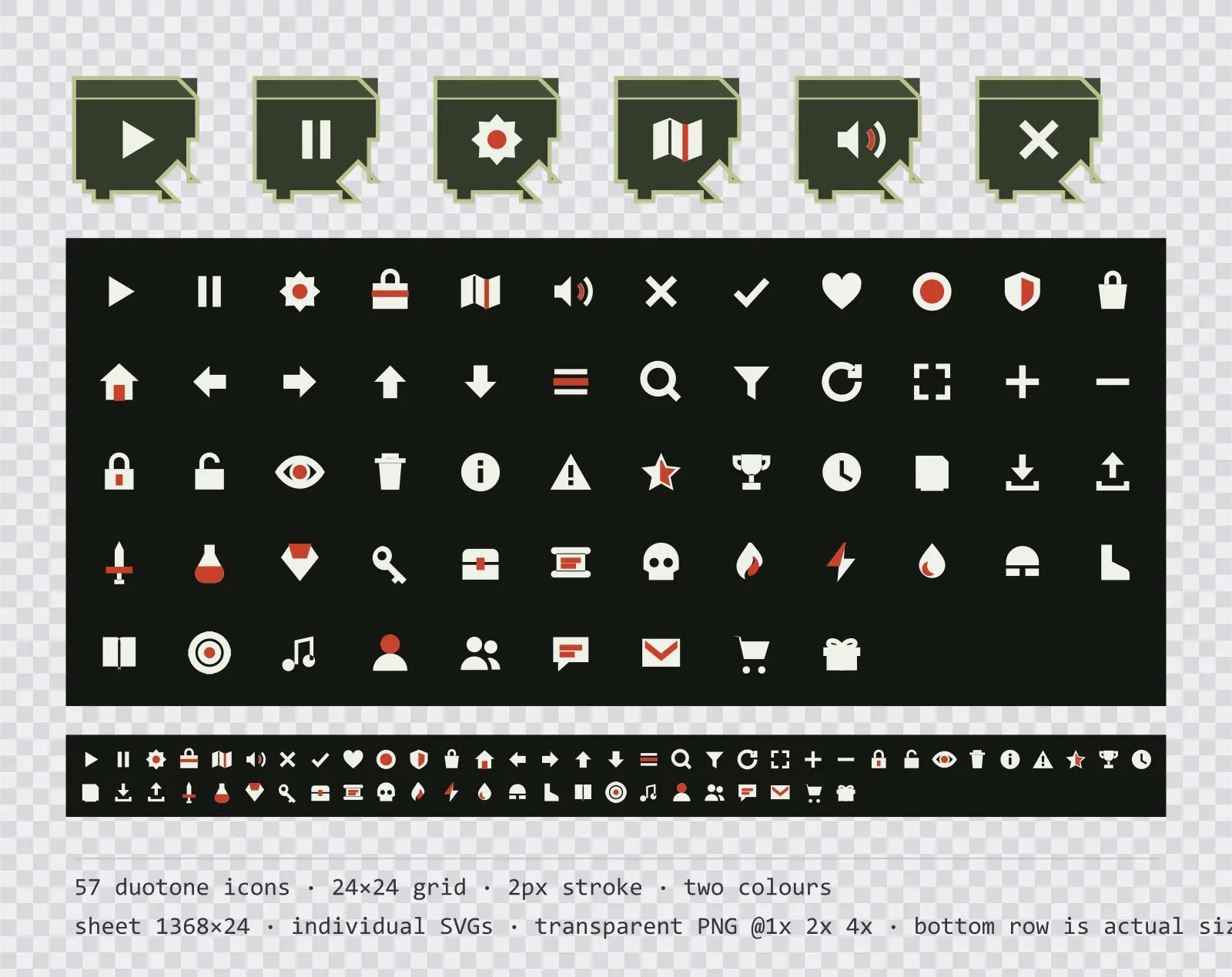 57 two-tone game menu icons on olive field tiles, shown large, laid out on a sheet grid, and again at actual 24 pixel size