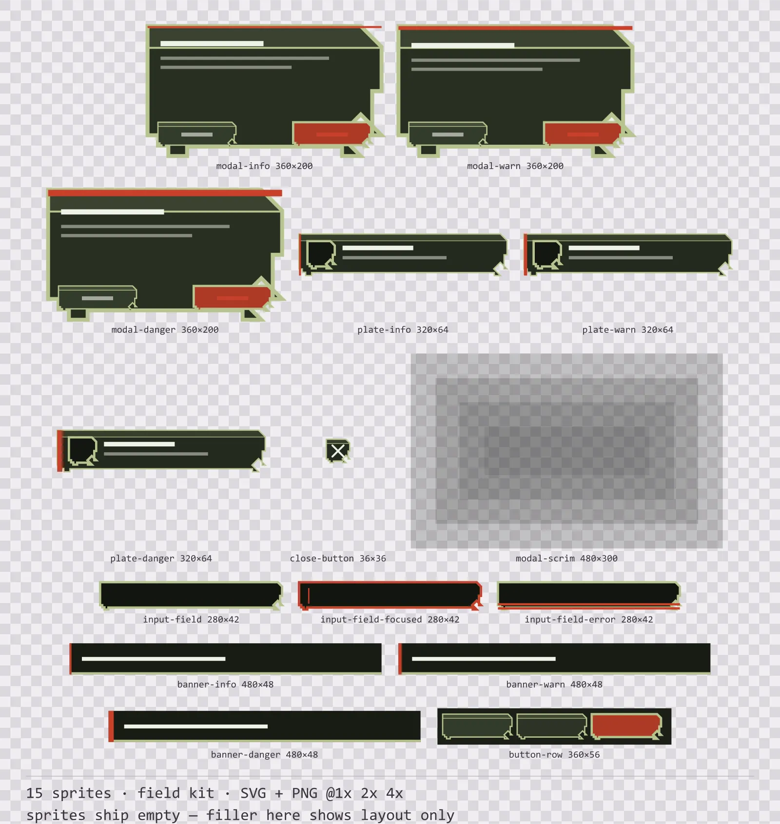 Sheet showing 15 field kit modal dialogs and system notices from the Bunker family, arranged on a transparency checkerboard with their pixel sizes printed underneath