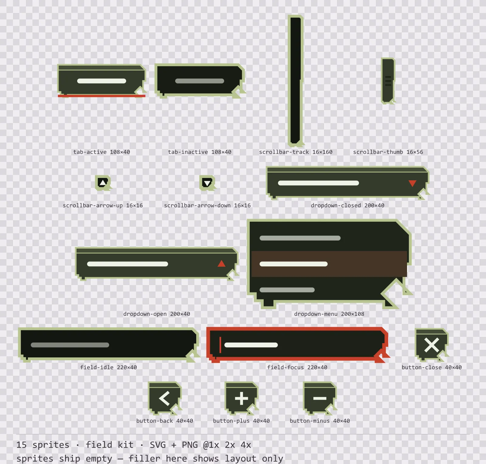Sheet showing 15 field kit navigation and input components from the Bunker family, arranged on a transparency checkerboard with their pixel sizes printed underneath