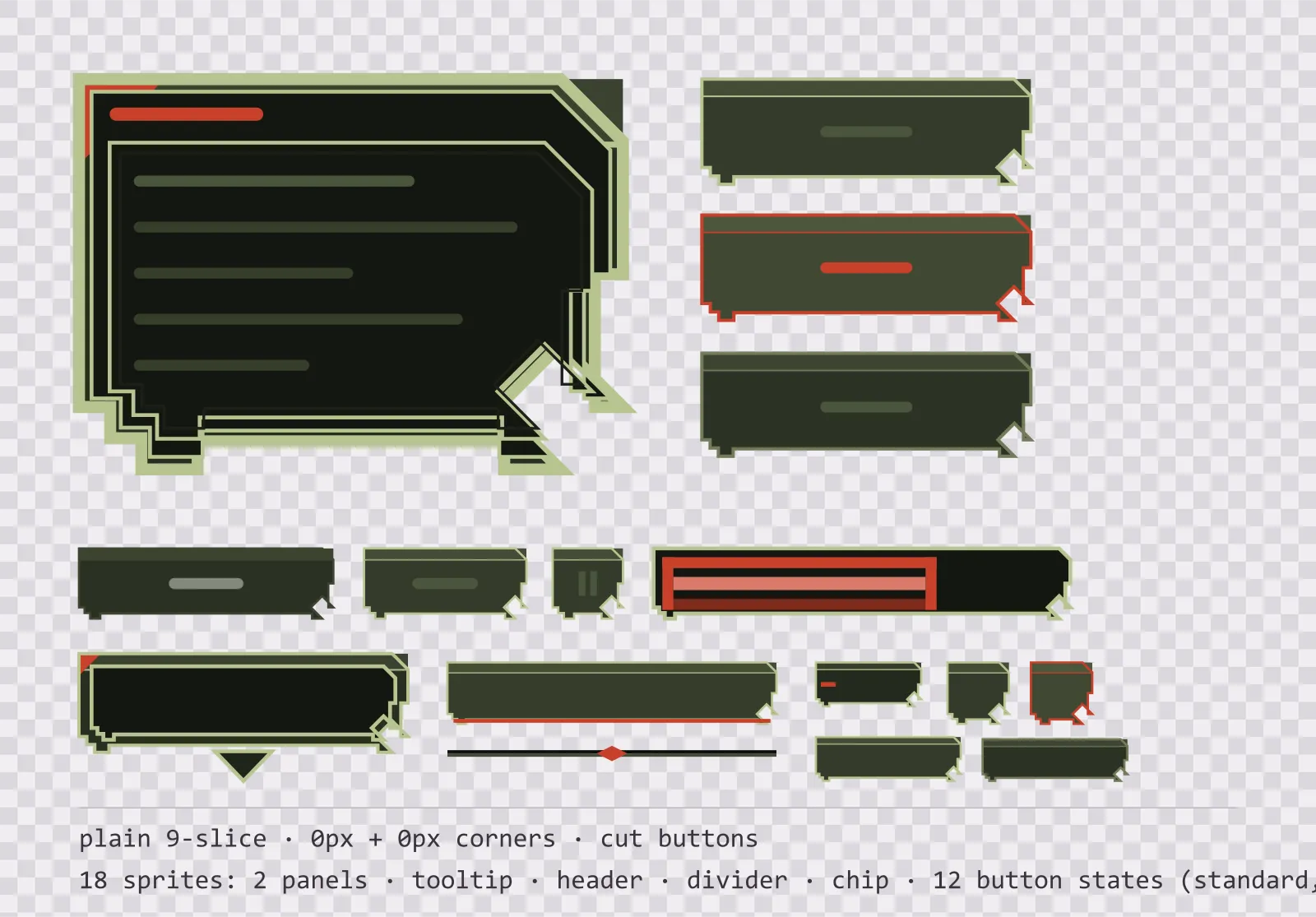 olive field game menu panel with a signal red title strip and a recessed list area, next to a column showing the same chamfered button in default, outlined hover and pushed-in pressed states