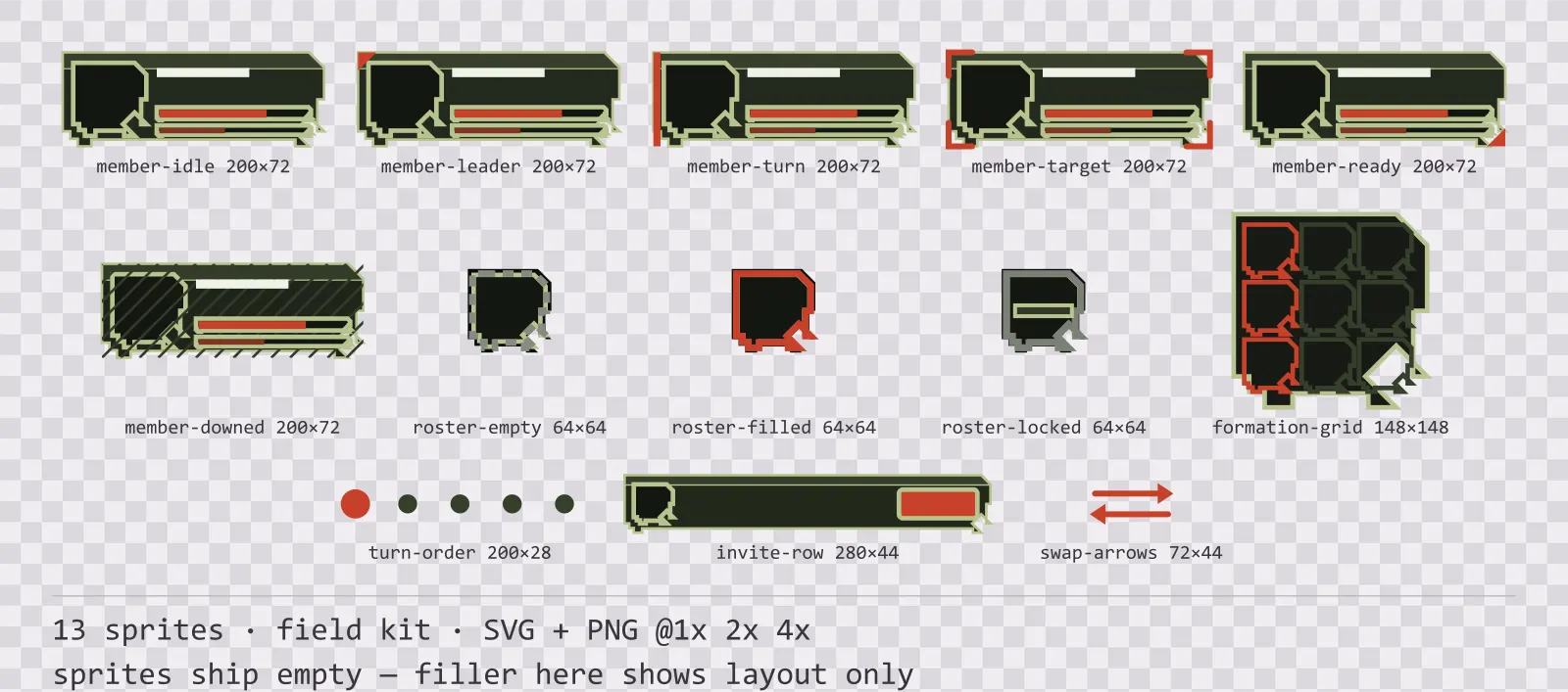 Sheet showing 13 field kit party and roster widgets from the Bunker family, arranged on a transparency checkerboard with their pixel sizes printed underneath
