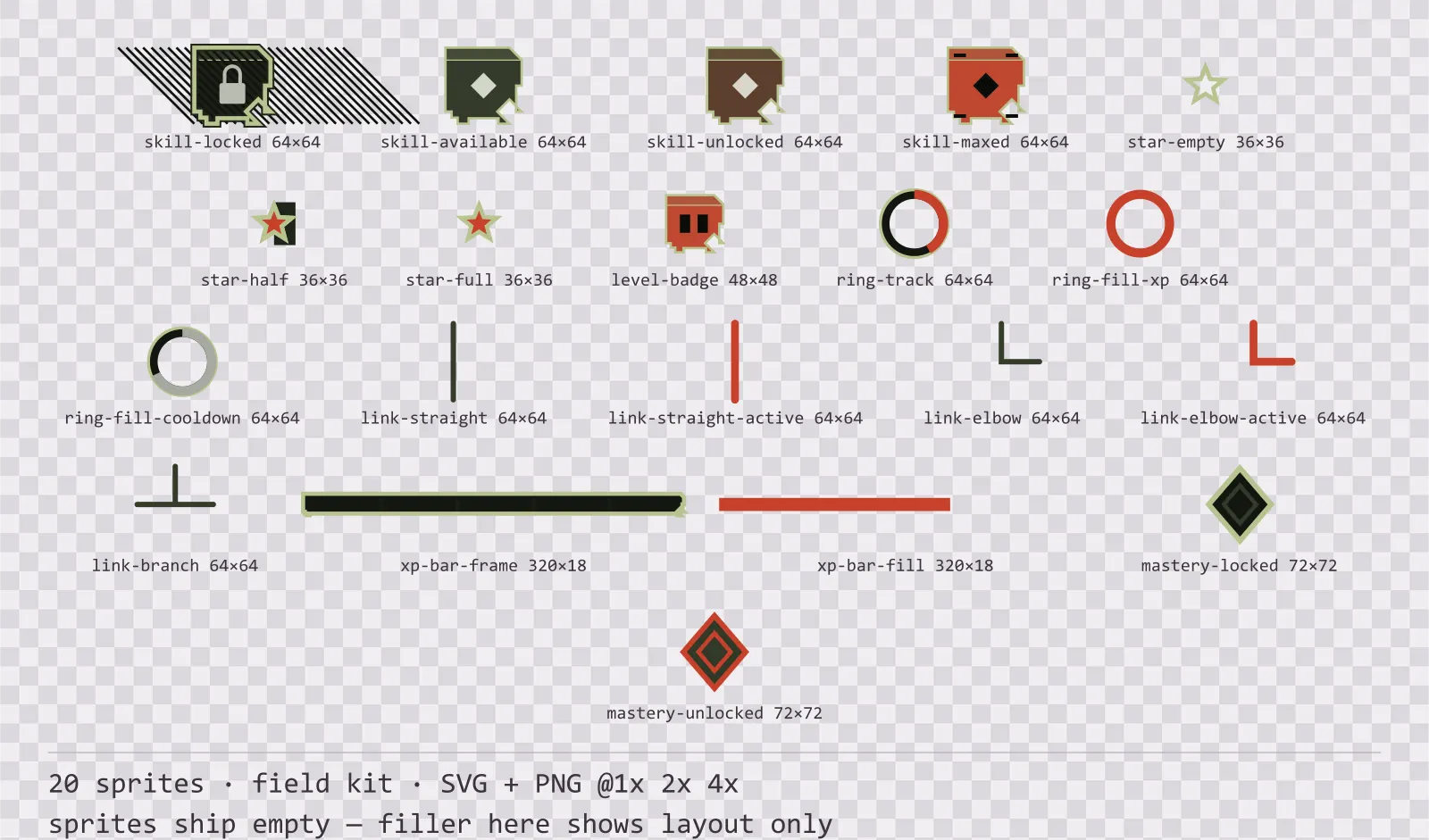 Sheet showing 20 field kit progression and reward components from the Bunker family, arranged on a transparency checkerboard with their pixel sizes printed underneath
