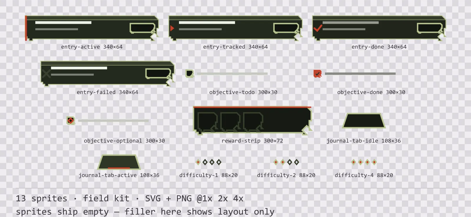 Sheet showing 13 field kit quest log and objective widgets from the Bunker family, arranged on a transparency checkerboard with their pixel sizes printed underneath