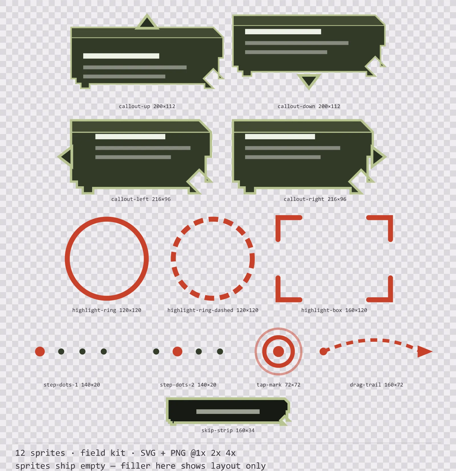 Sheet showing 12 field kit tutorial and onboarding markers from the Bunker family, arranged on a transparency checkerboard with their pixel sizes printed underneath