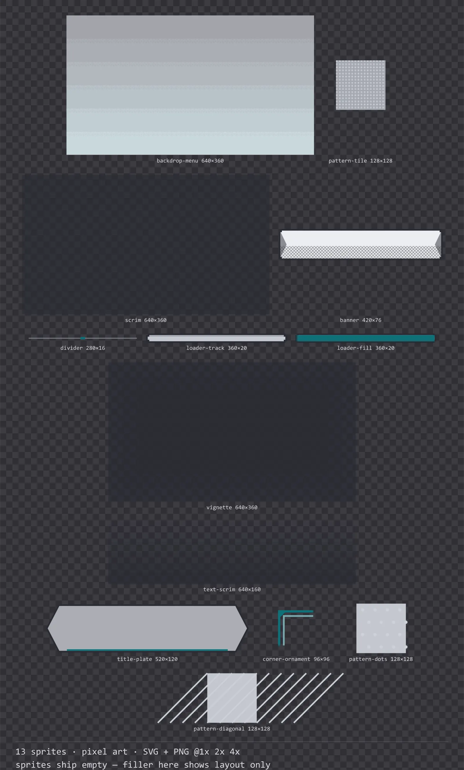 Sheet showing 13 pixel art background and overlay pieces from the Byte family, arranged on a transparency checkerboard with their pixel sizes printed underneath