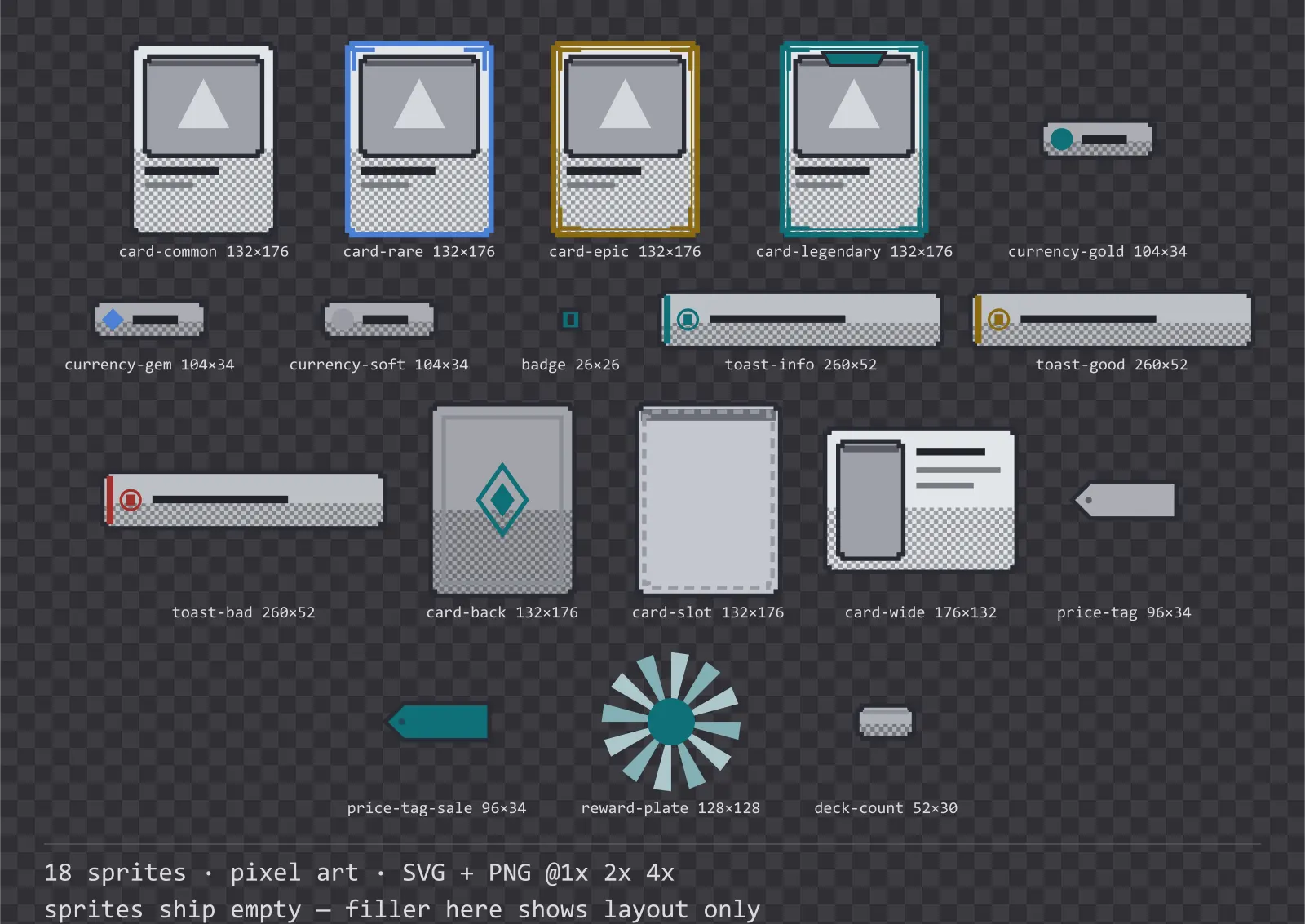 Sheet showing 18 pixel art card, currency and notification components from the Byte family, arranged on a transparency checkerboard with their pixel sizes printed underneath