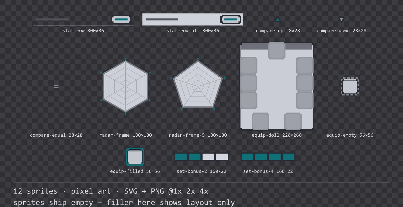 Sheet showing 12 pixel art character sheet and stat widgets from the Byte family, arranged on a transparency checkerboard with their pixel sizes printed underneath