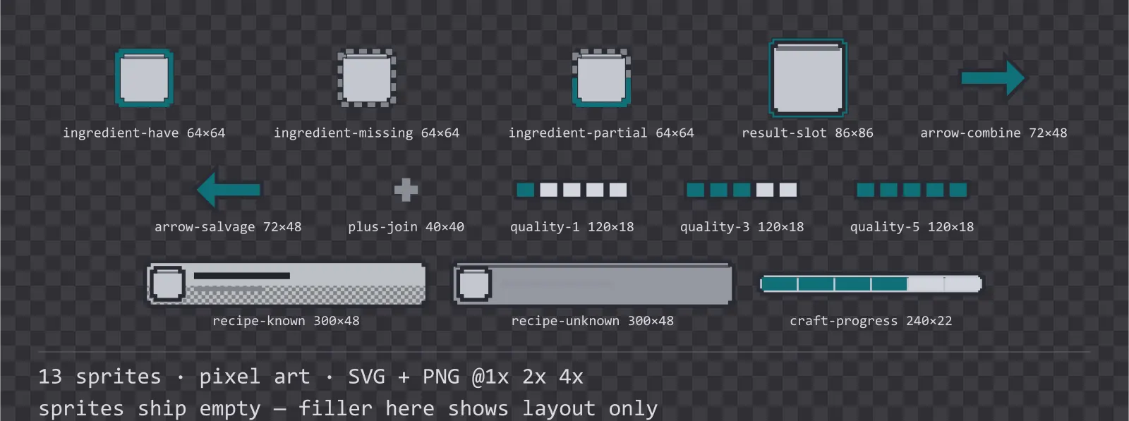 Sheet showing 13 pixel art crafting and recipe widgets from the Byte family, arranged on a transparency checkerboard with their pixel sizes printed underneath