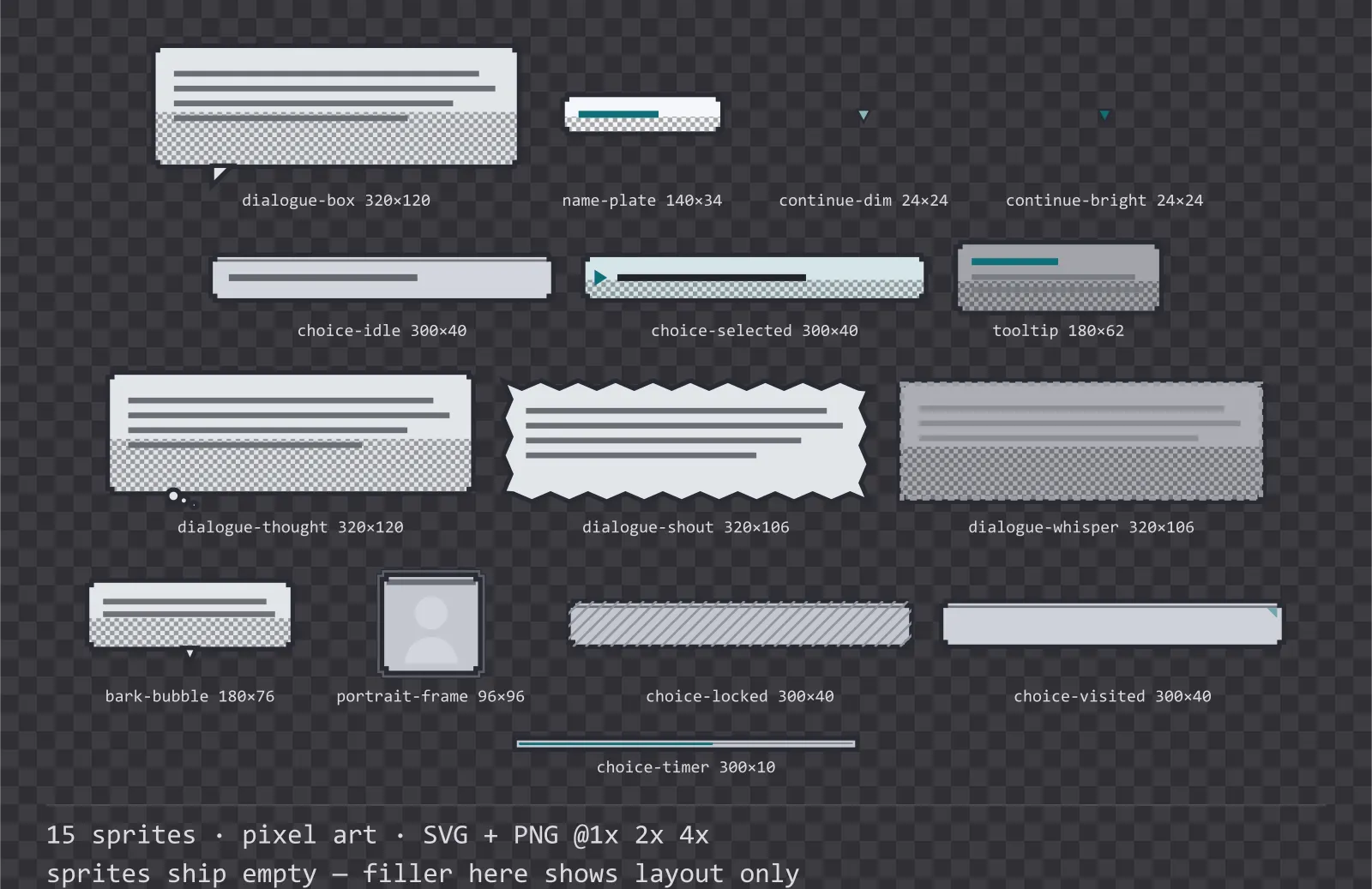 Sheet showing 15 pixel art dialogue components from the Byte family, arranged on a transparency checkerboard with their pixel sizes printed underneath