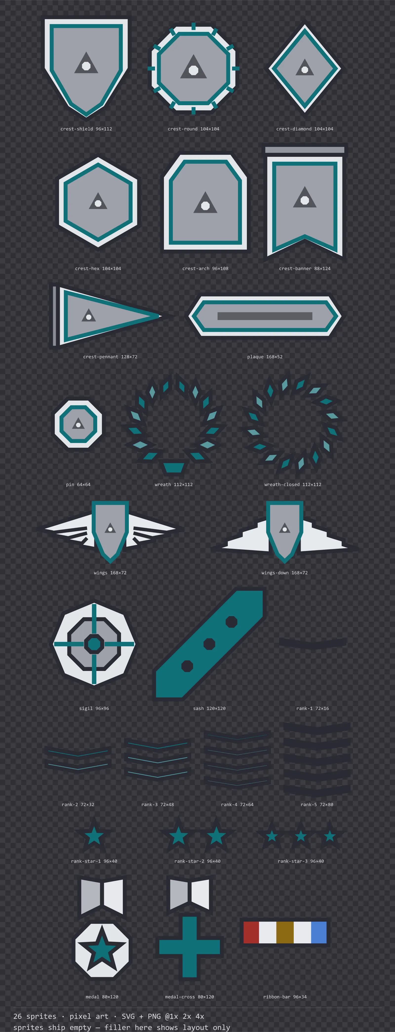 Sheet showing 26 pixel art crests, insignia and rank marks from the Byte family, arranged on a transparency checkerboard with their pixel sizes printed underneath