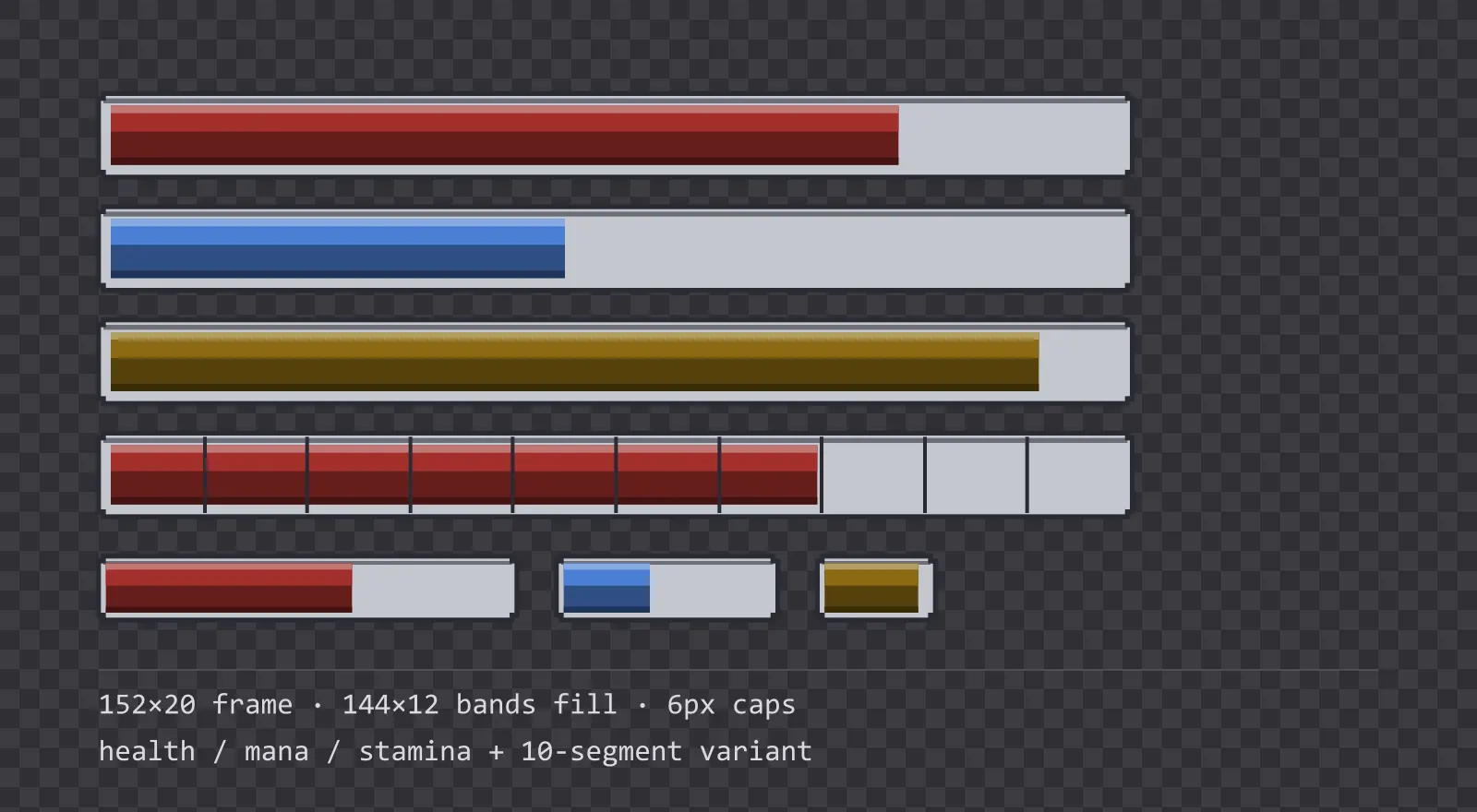 Three horizontal game status bars stacked on a checkerboard background, filled to different levels for health, mana and stamina, with a segmented 10-notch bar and three smaller bars beneath them