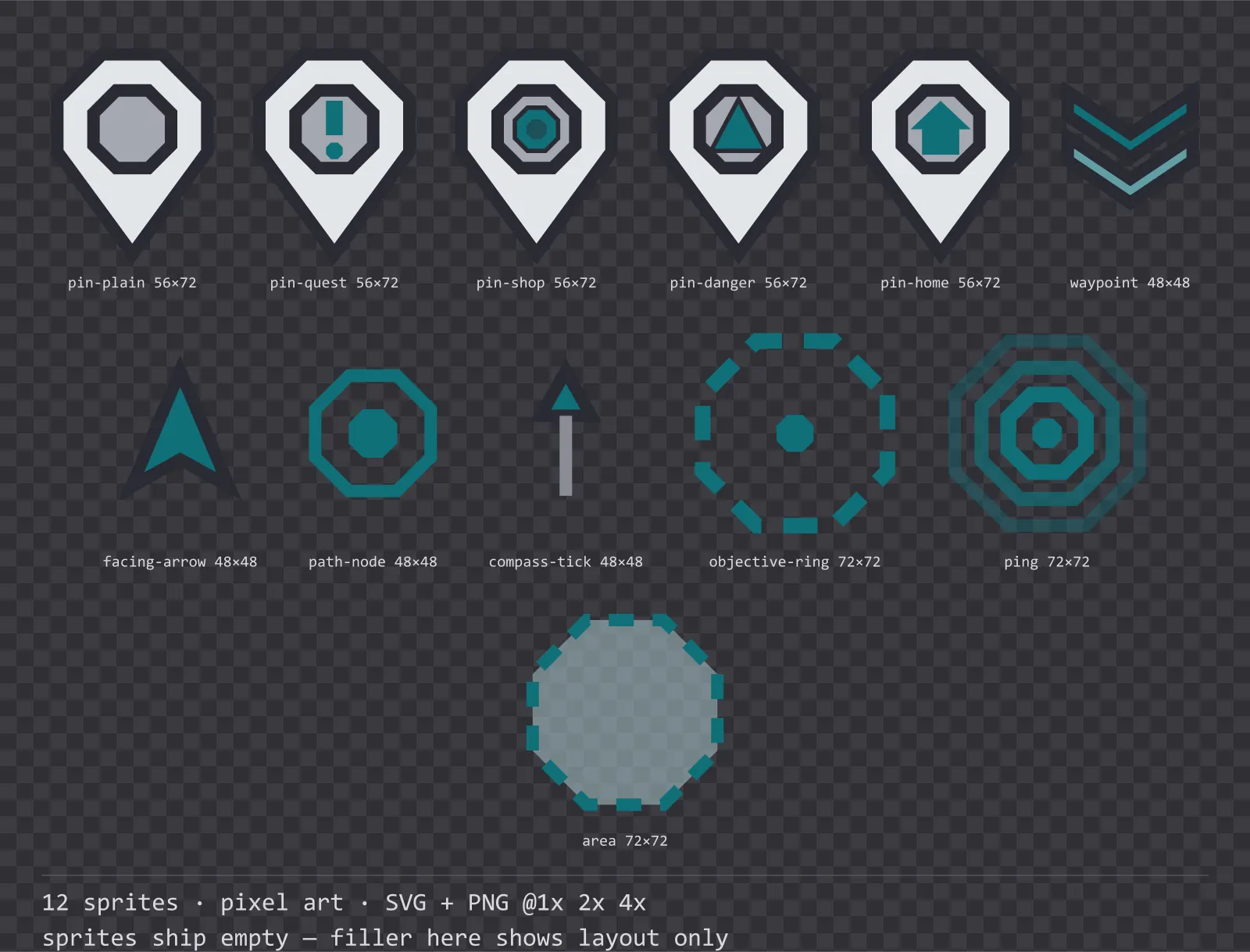 Sheet showing 12 pixel art map markers and world indicators from the Byte family, arranged on a transparency checkerboard with their pixel sizes printed underneath