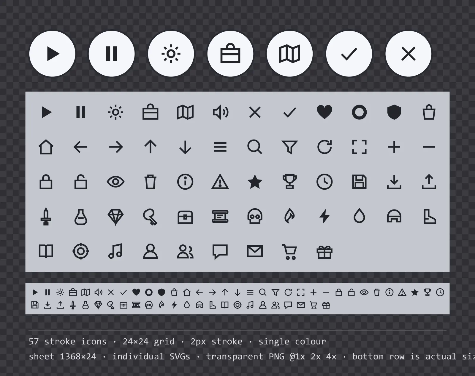 57 outlined game menu icons on bright pixel tiles, shown large, laid out on a sheet grid, and again at actual 24 pixel size