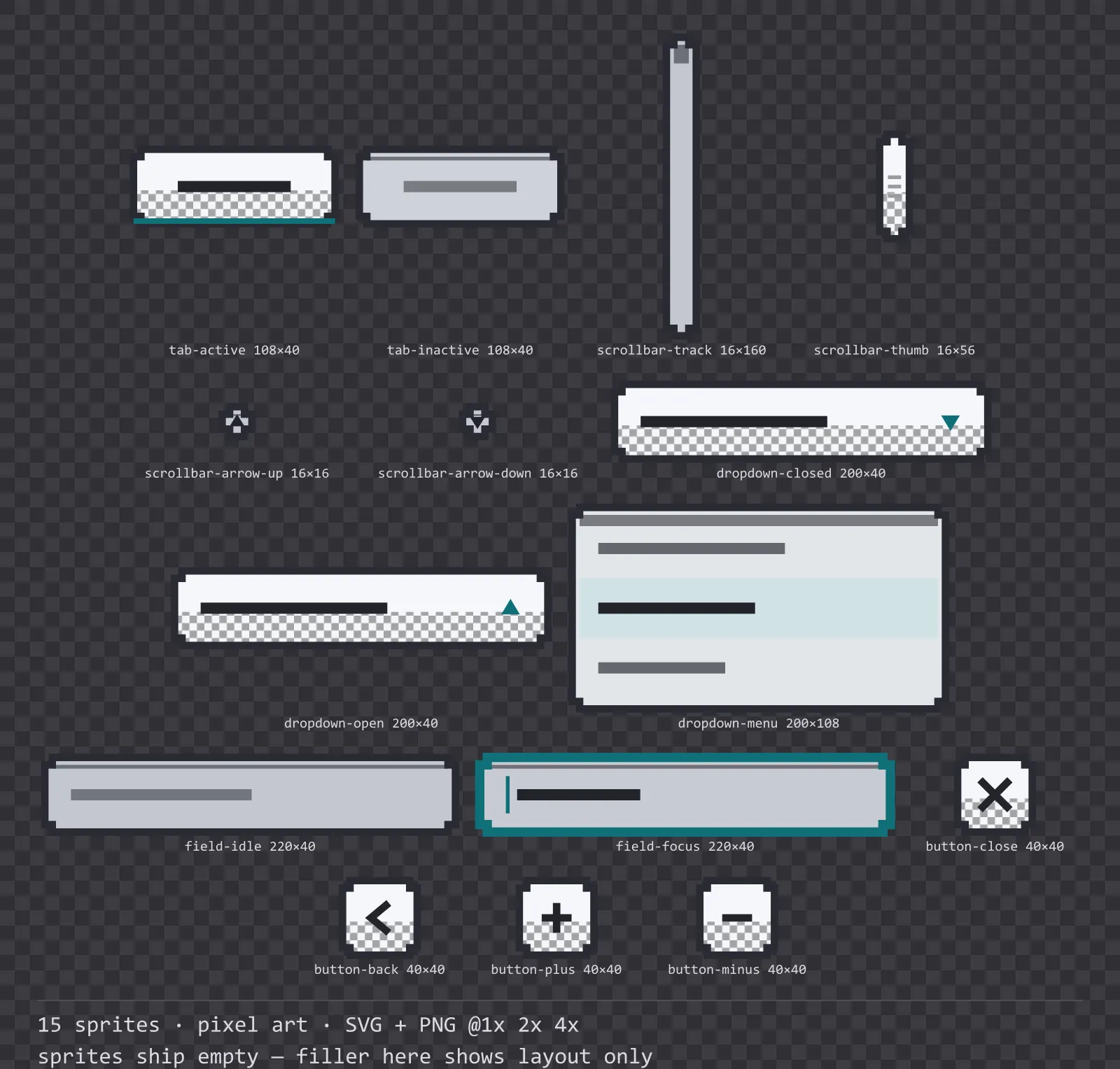 Sheet showing 15 pixel art navigation and input components from the Byte family, arranged on a transparency checkerboard with their pixel sizes printed underneath