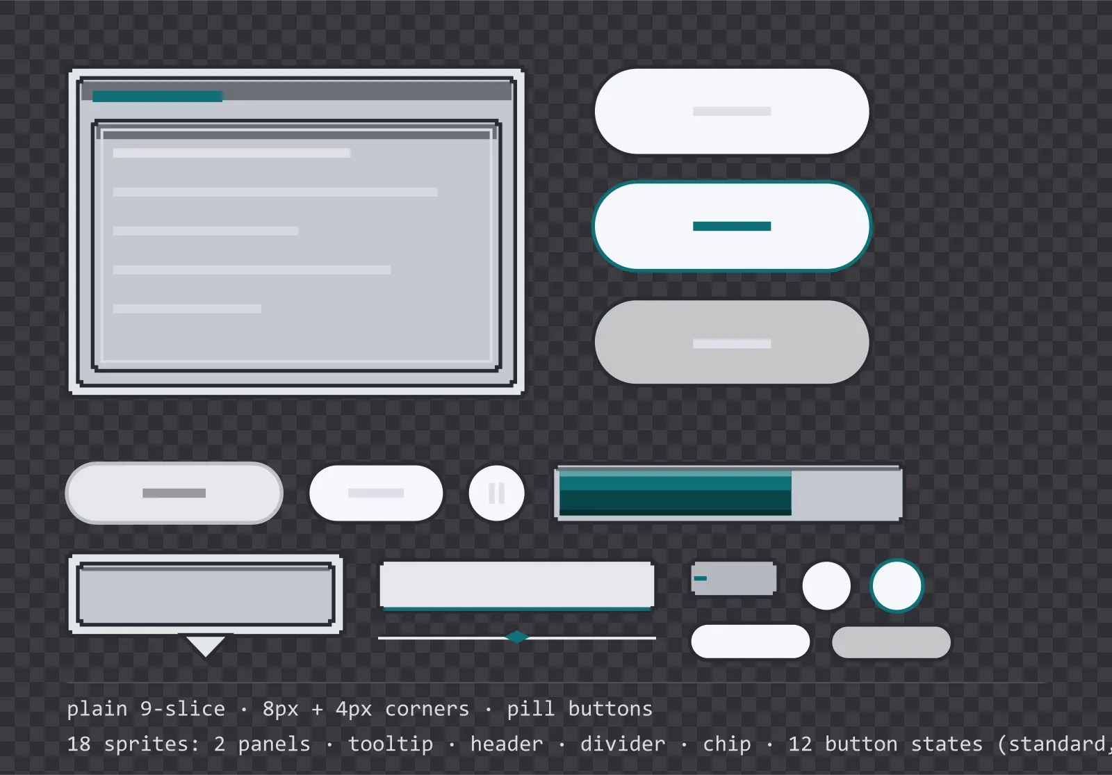 bright pixel game menu panel with a signal teal title strip and a recessed list area, next to a column showing the same pill button in default, outlined hover and pushed-in pressed states