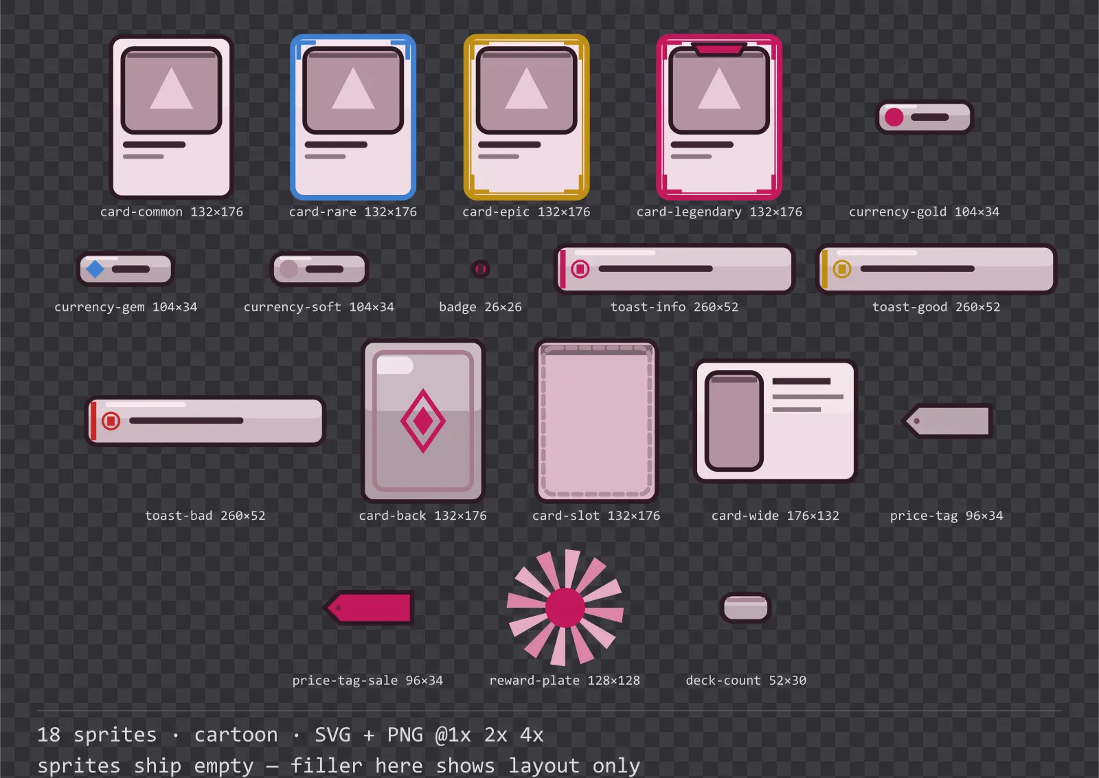 Sheet showing 18 cartoon card, currency and notification components from the Candy family, arranged on a transparency checkerboard with their pixel sizes printed underneath