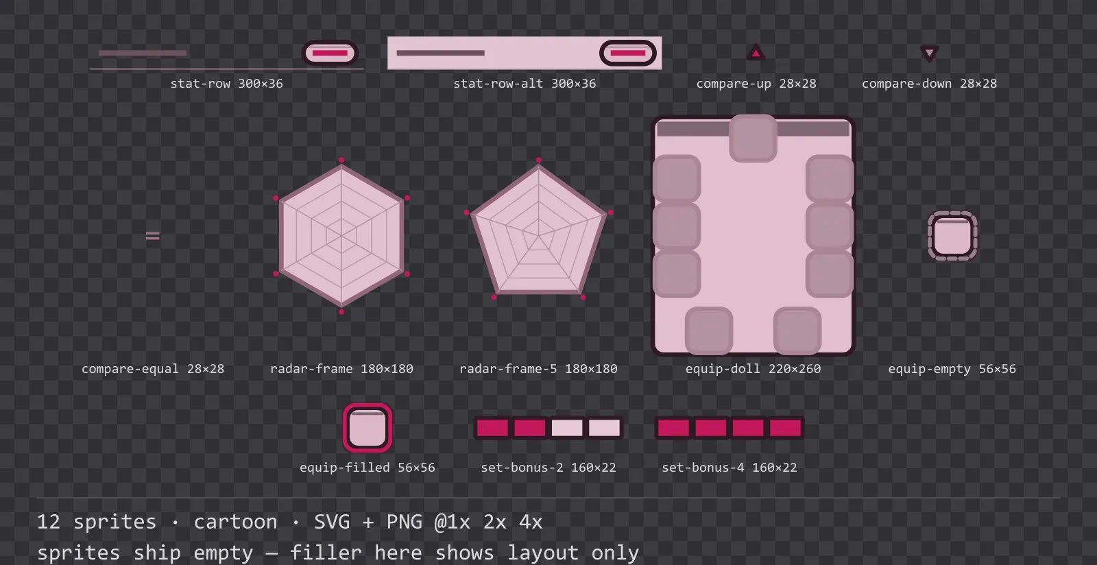 Sheet showing 12 cartoon character sheet and stat widgets from the Candy family, arranged on a transparency checkerboard with their pixel sizes printed underneath